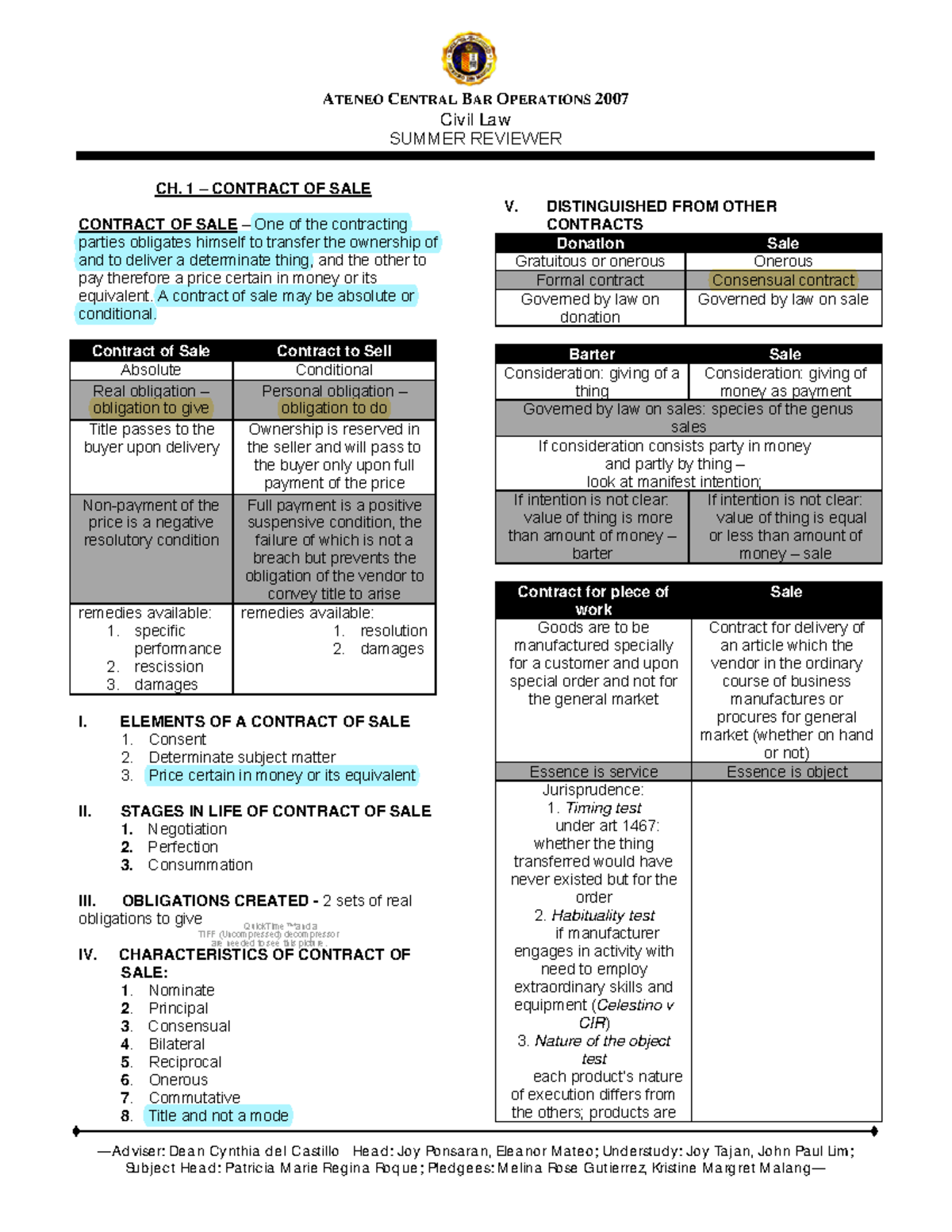 Civil Law Contract Of Sale - Obligations And Contract Law - USeP - Studocu