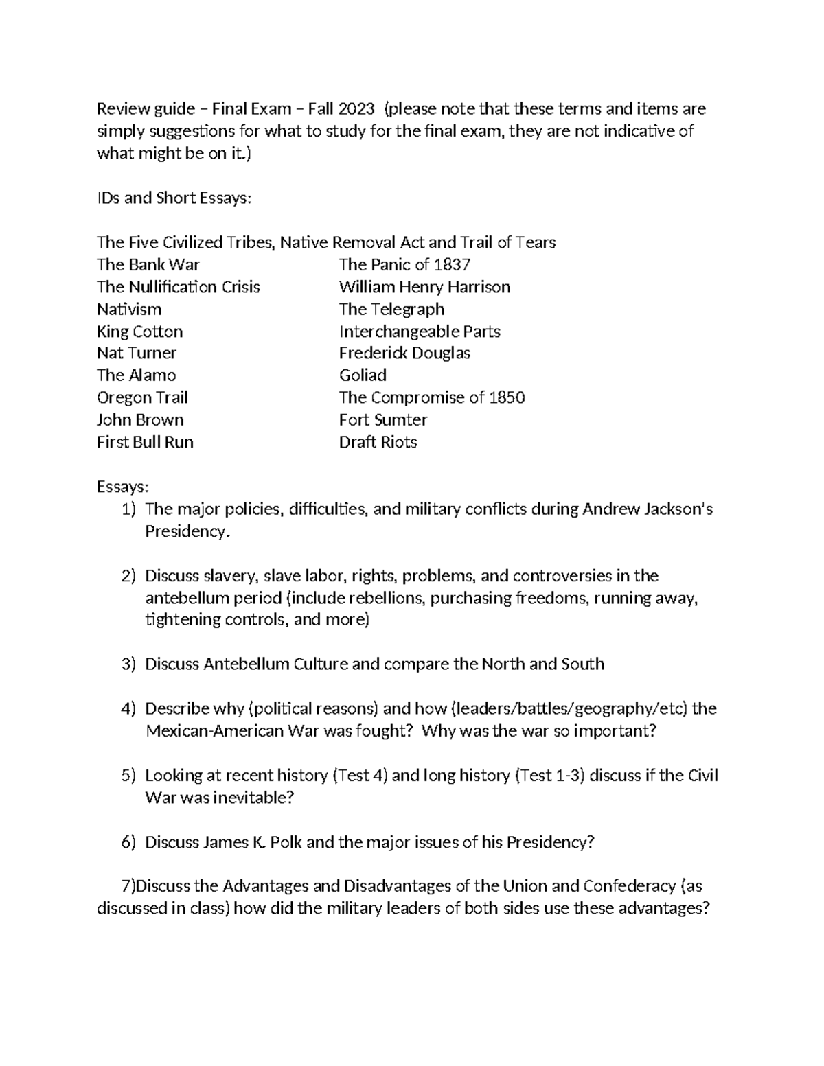 Review guide for HIST 2010 Final Exam - Review guide – Final Exam ...