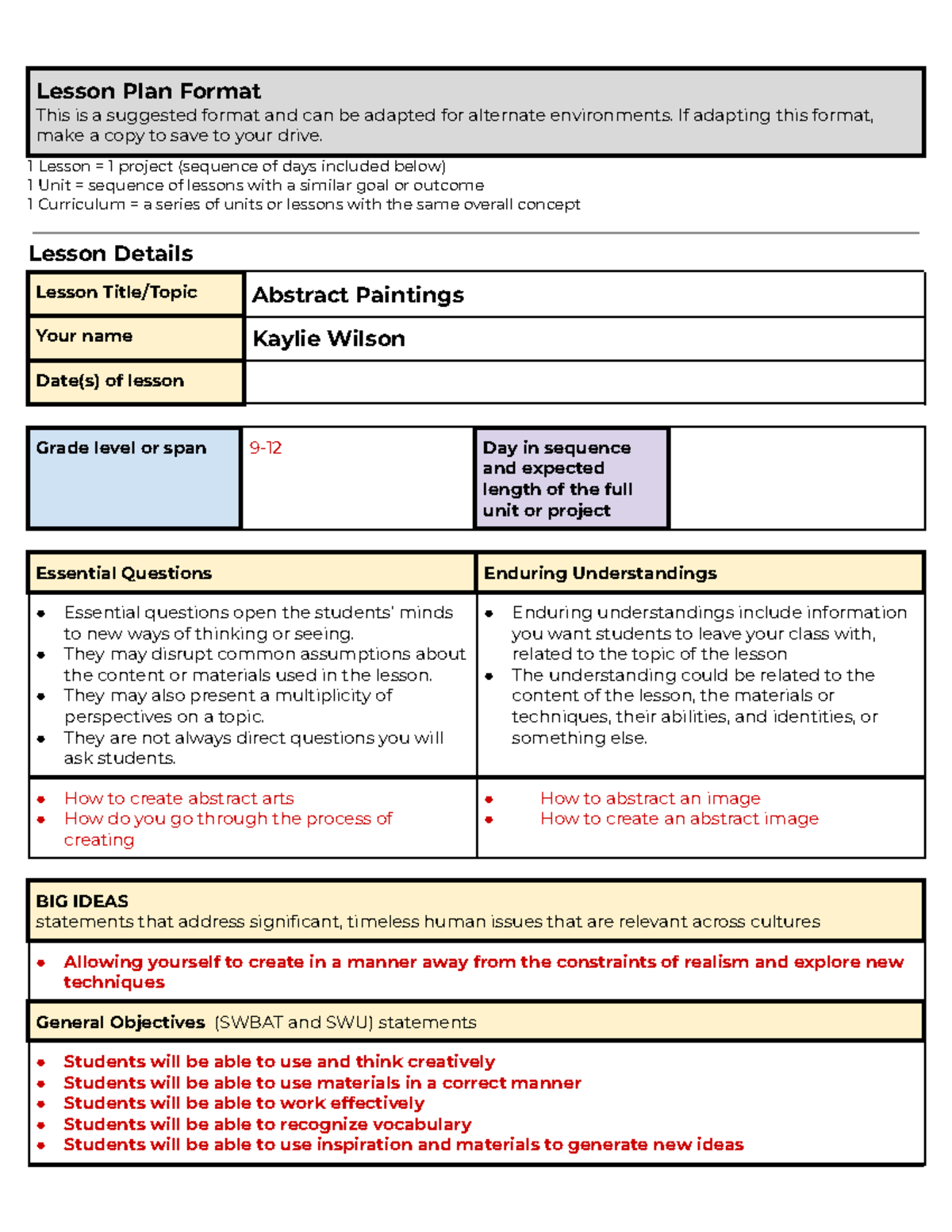 Art Lesson Plan Format - Education - Lesson Plan Format This Is A ...