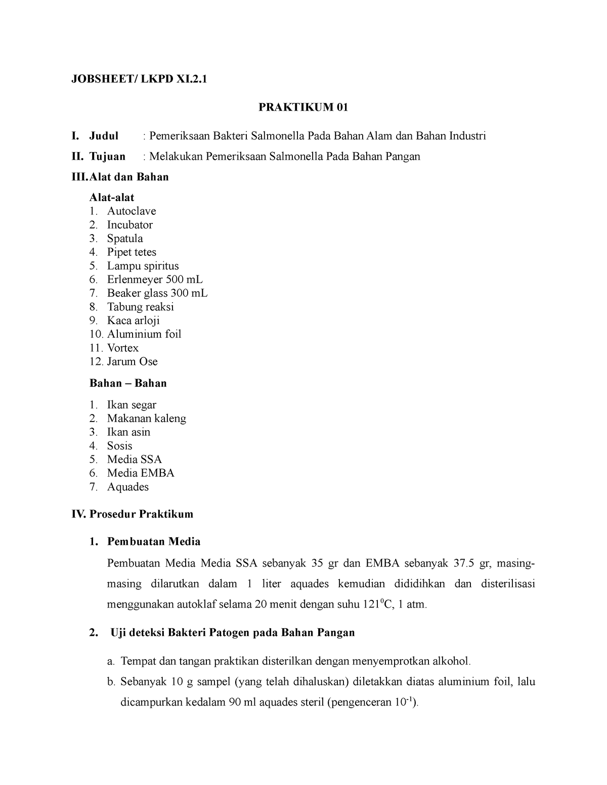 Jobsheet Pemeriksaan Salmonella - JOBSHEET/ LKPD XI. PRAKTIKUM 01 I ...