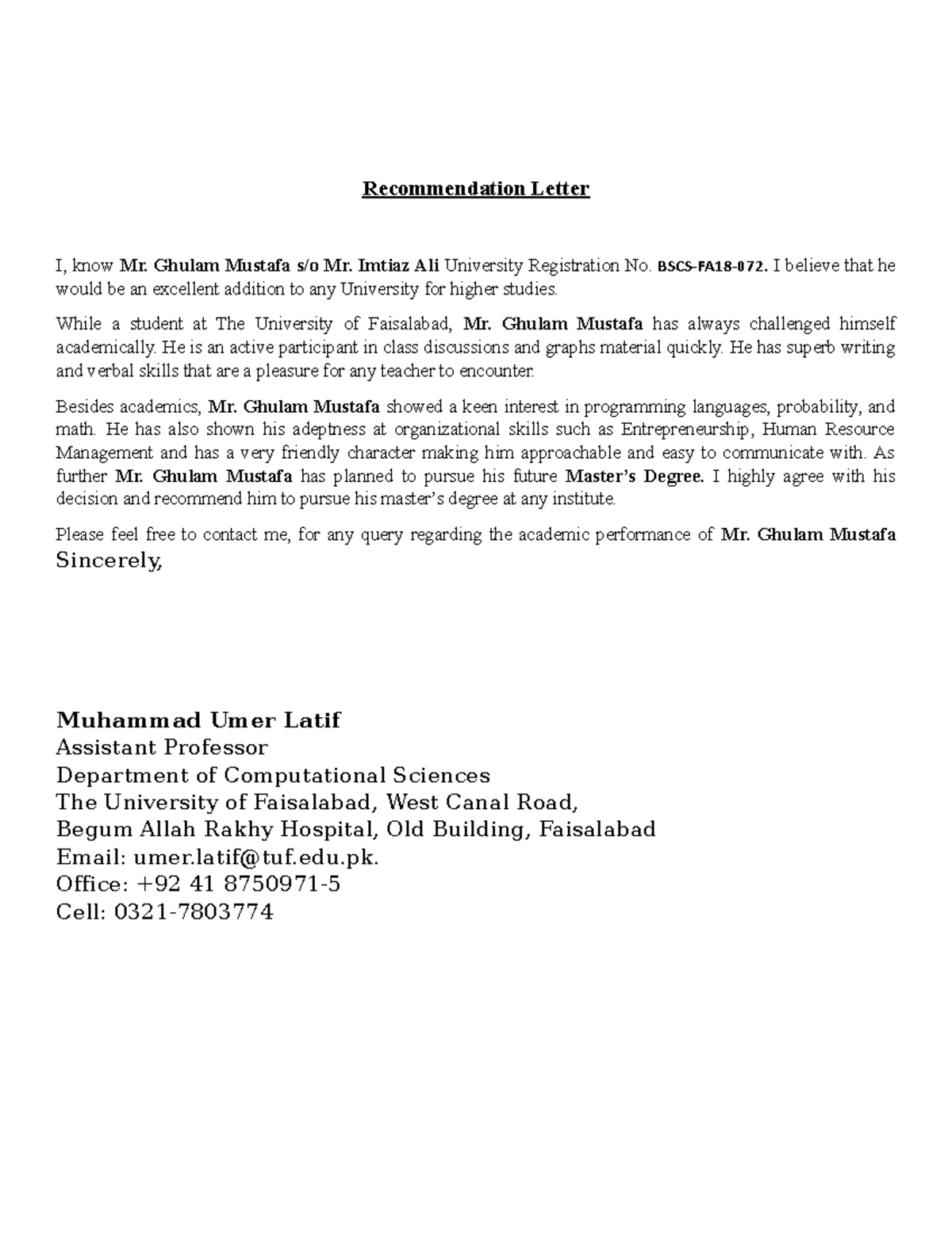 RL - Mr Umer Latif - Reference - Recommendation Letter I, know Mr ...