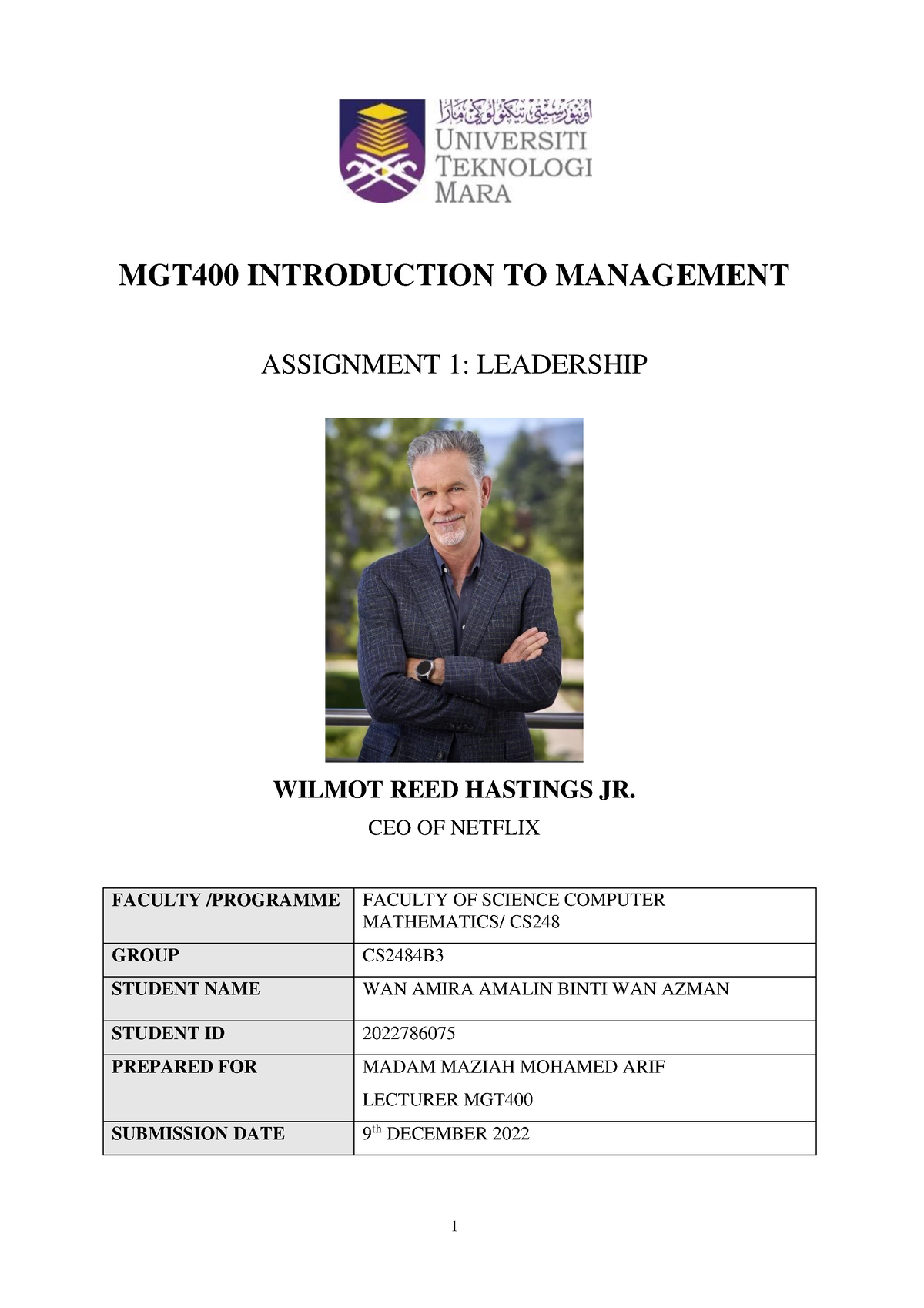 mgt400 introduction to management individual assignment