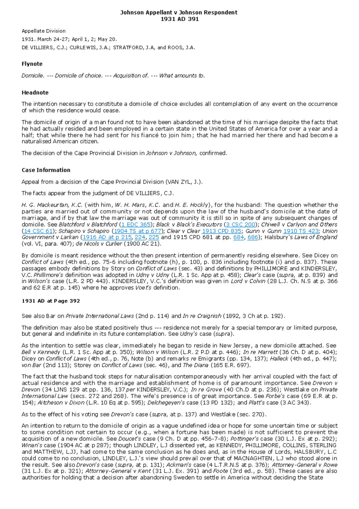 Johnson Appellant v Johnson Respondent 1931 AD 391 DE VILLIERS, C