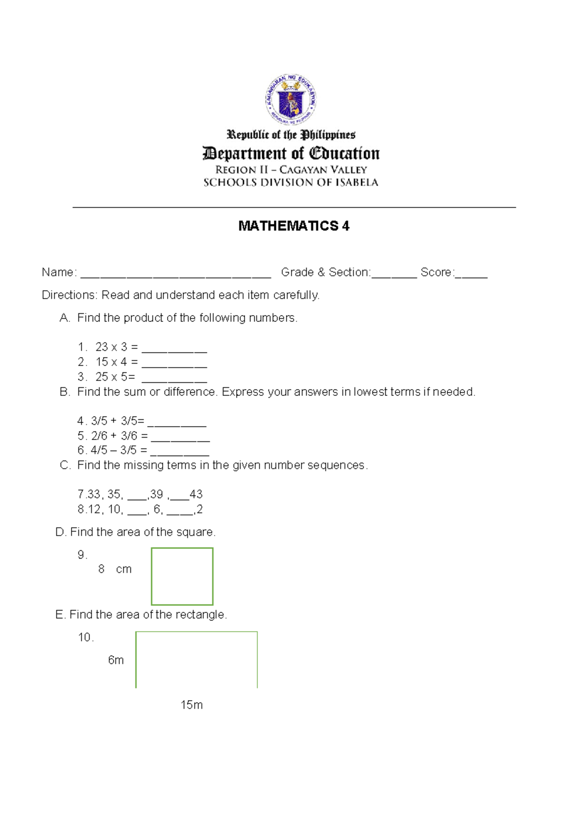 Contextualization of MATH 4 MATHEMATICS 4 Name