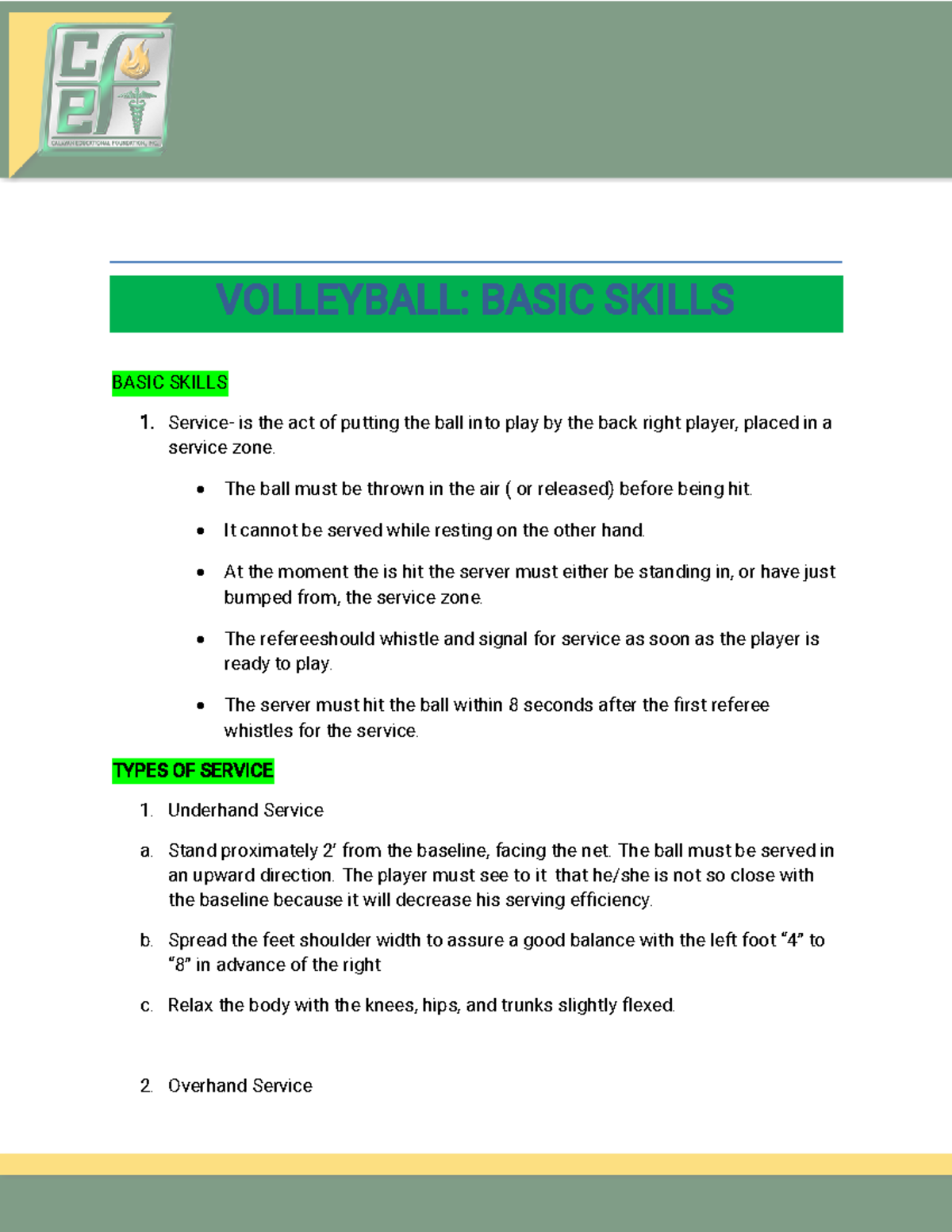 4PE104 Volleyball Basic Skills AND Officials HAND Signals 1 V O L L E