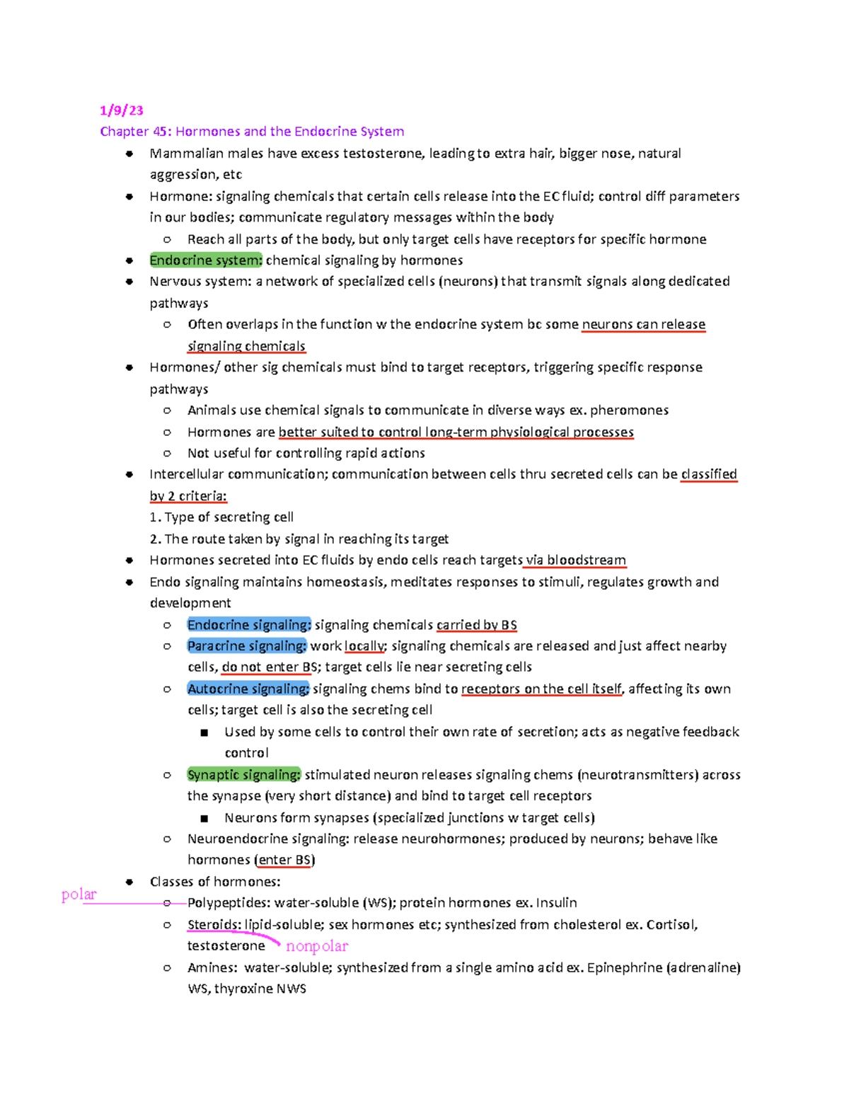 M1B Week 1 - 3 lecture notes - 1/9/ Chapter 45: Hormones and the ...