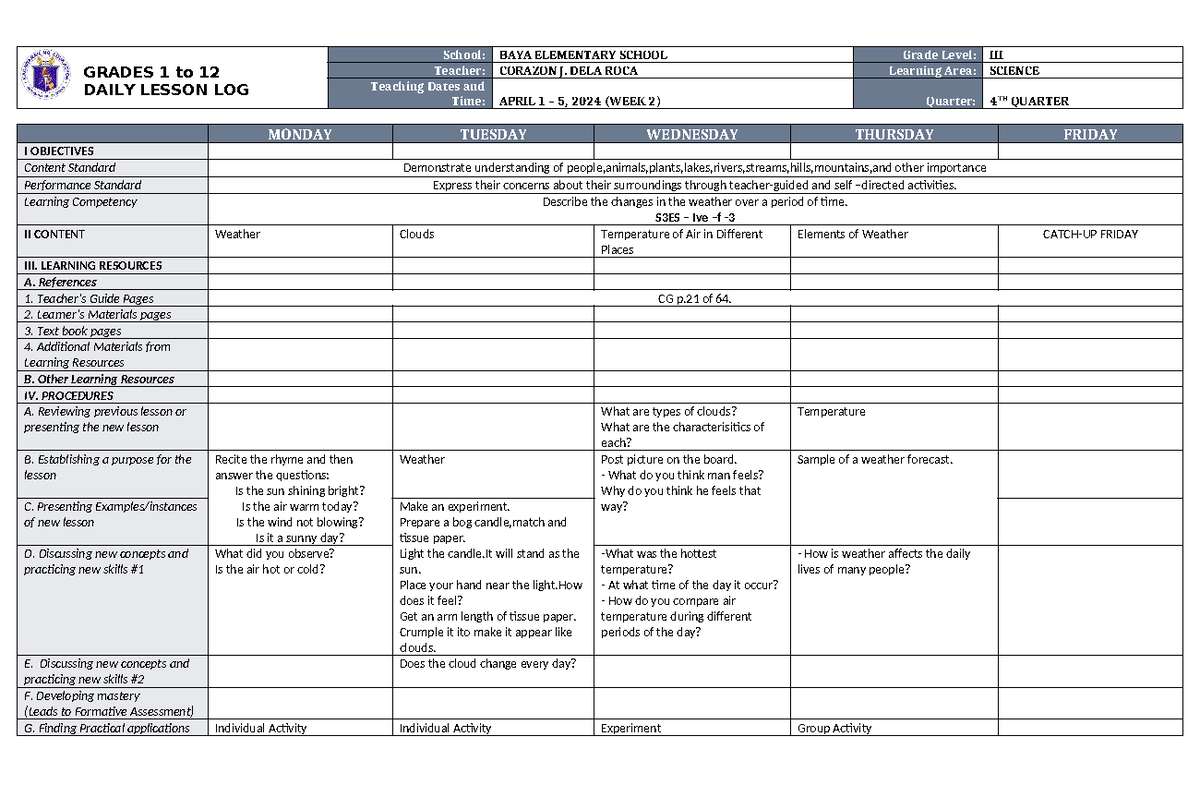 DLL Science 3 Q4 W2 - GRADES 1 to 12 DAILY LESSON LOG School: BAYA ...