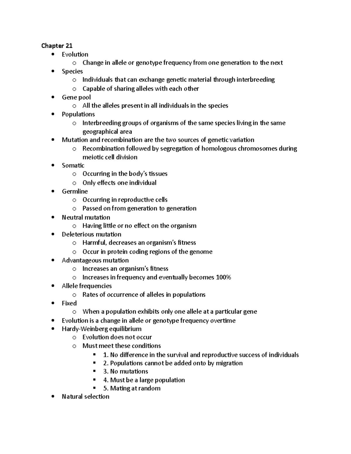 Bio final exam book notes - Chapter 21 Evolution o Change in allele or ...