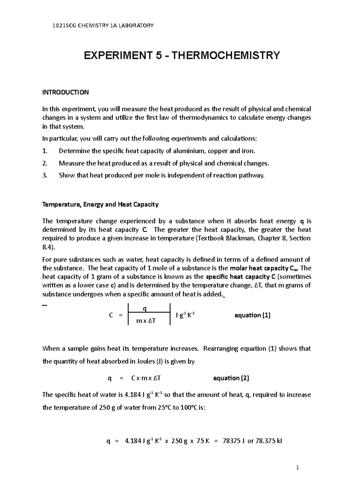 1021SCG Experiment 5 Lab Assignment - EXPERIMENT 5 - THERMOCHEMISTRY ...