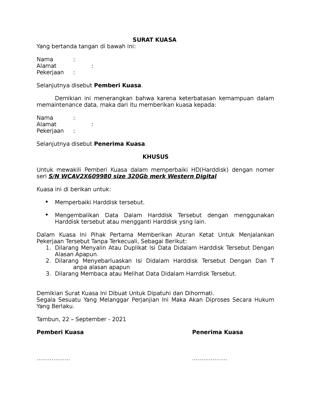 Surat Kuasa - SURAT KUASA Yang Bertanda Tangan Di Bawah Ini: Nama ...