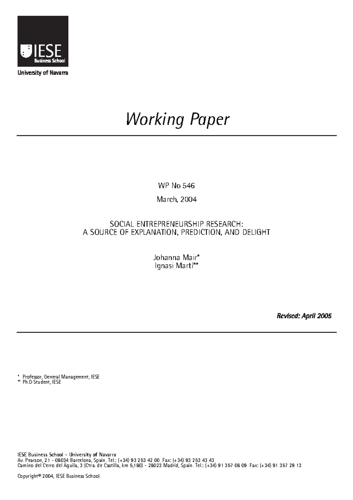 Social entrepreneurship What are we talk - Working Paper Professor ...