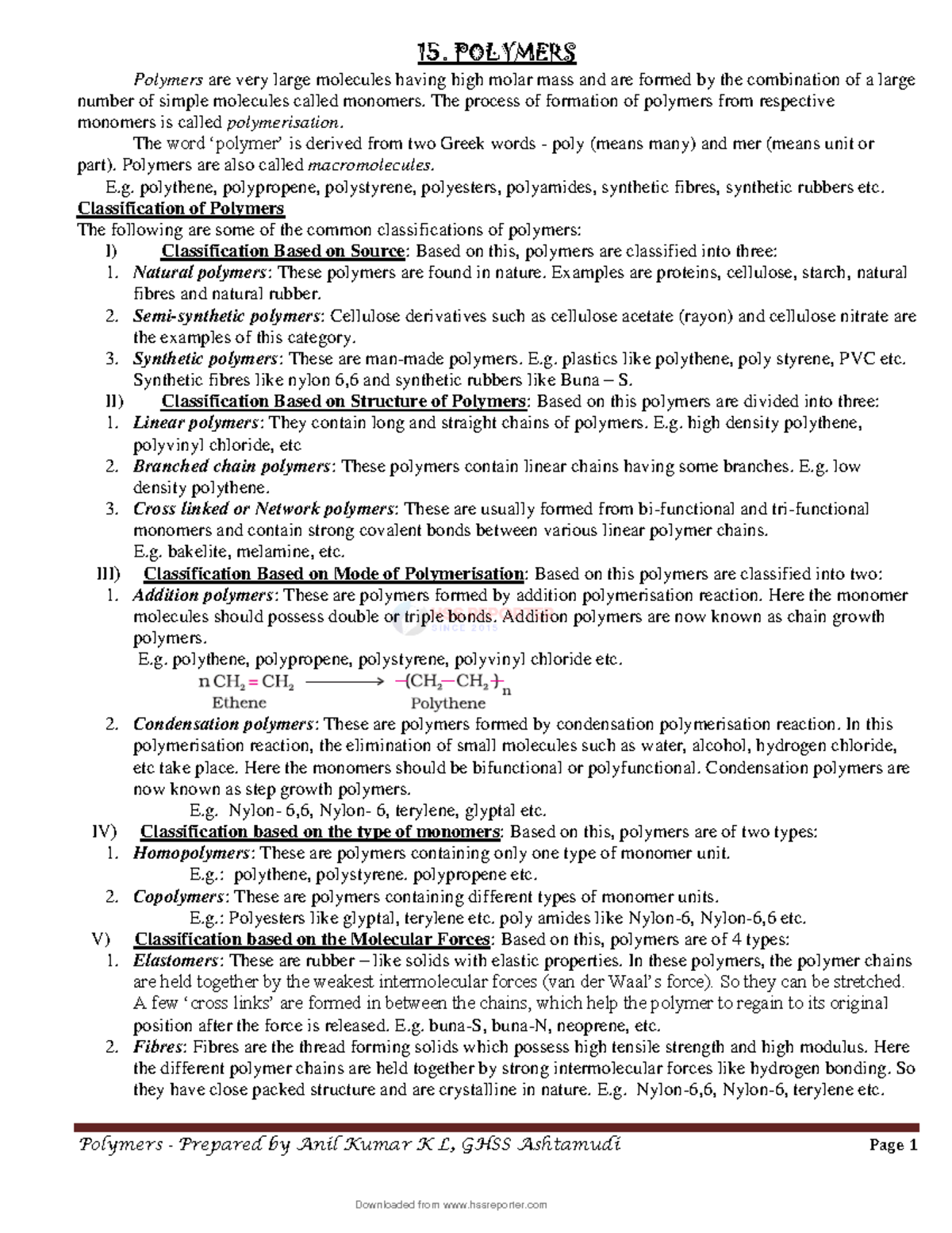 HSSRptr 15. Polymers - Notes - Polymers - Prepared by Anil Kumar K L ...