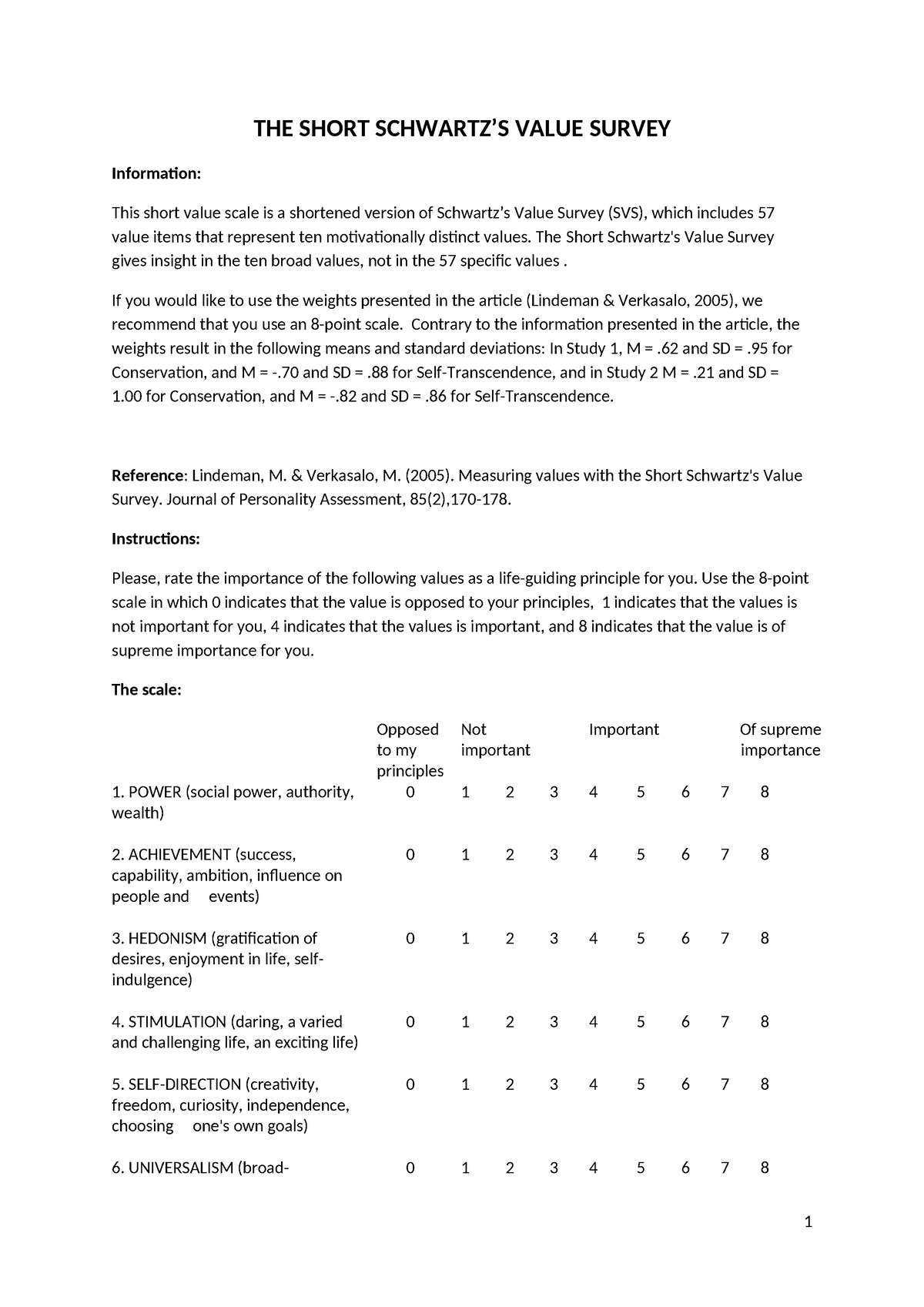 The Short Schwartzs Value Survey - THE SHORT SCHWARTZ’S VALUE SURVEY ...