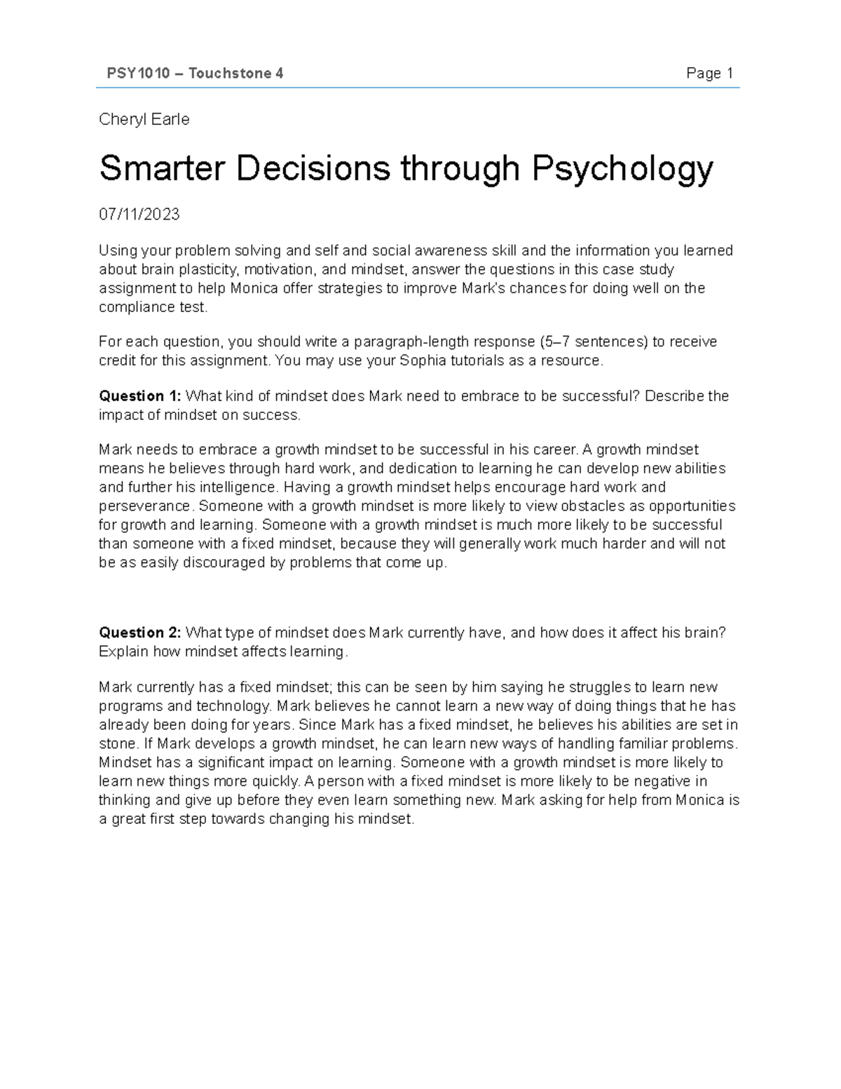 Casestudy 3 Three - psyc3002 - Cheryl Earle Smarter Decisions through ...