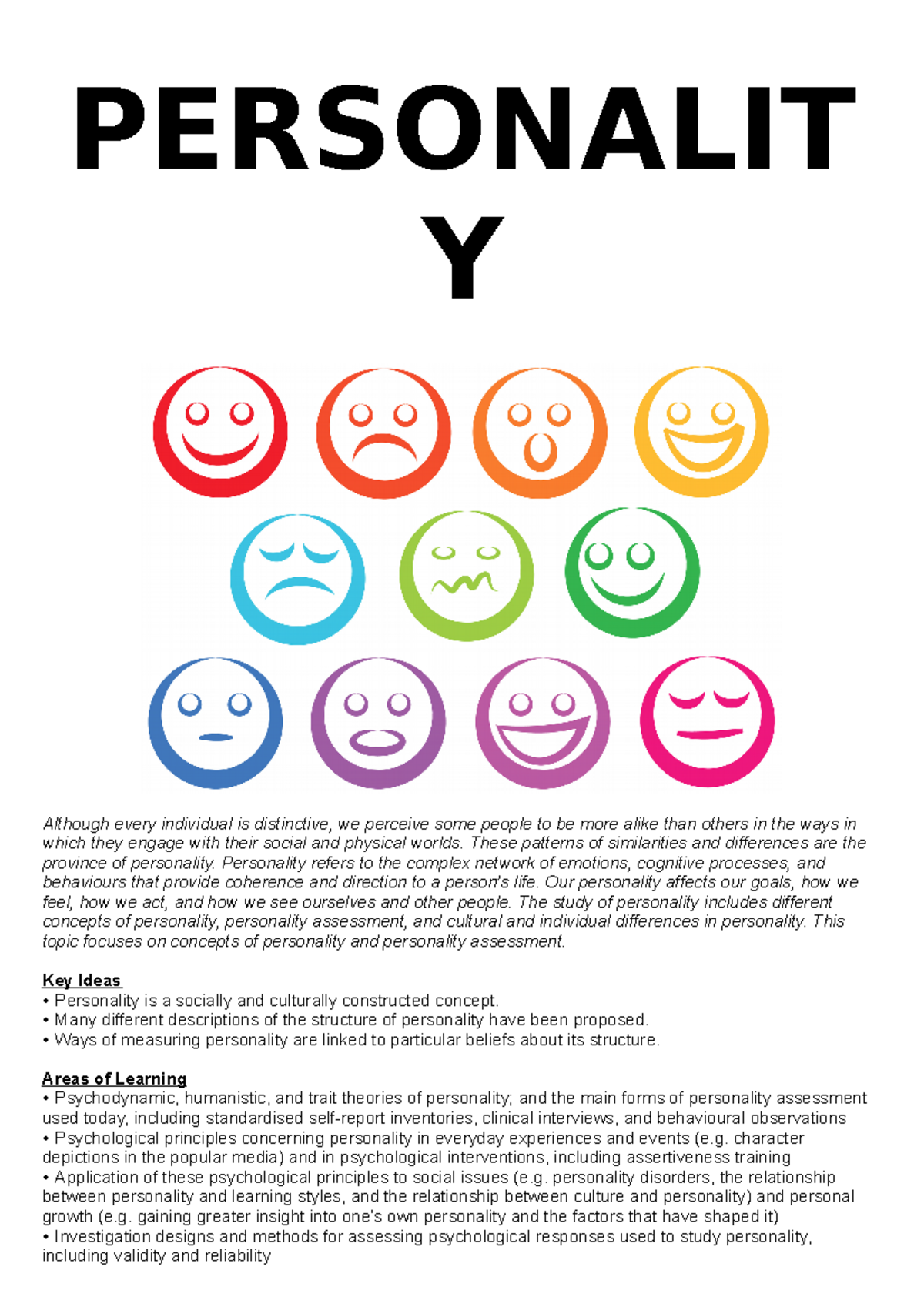 Personality Summary Notes - PERSONALIT Y Although every individual is ...
