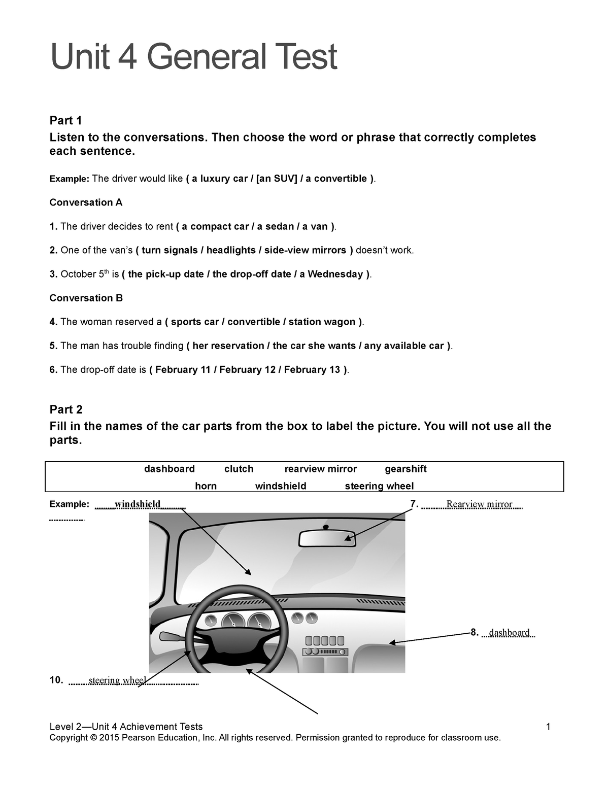 TN2 U4 Assessment Top notch 2 Level B1 Unit 4 General Test Part 1