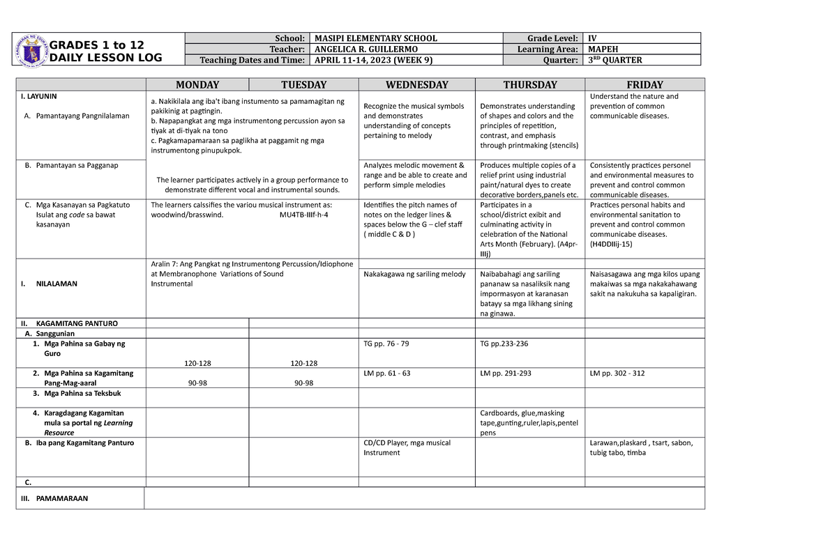 Dll Mapeh 4 Q3 W9 - Bmm,.,. - Grades 1 To 12 Daily Lesson Log School 