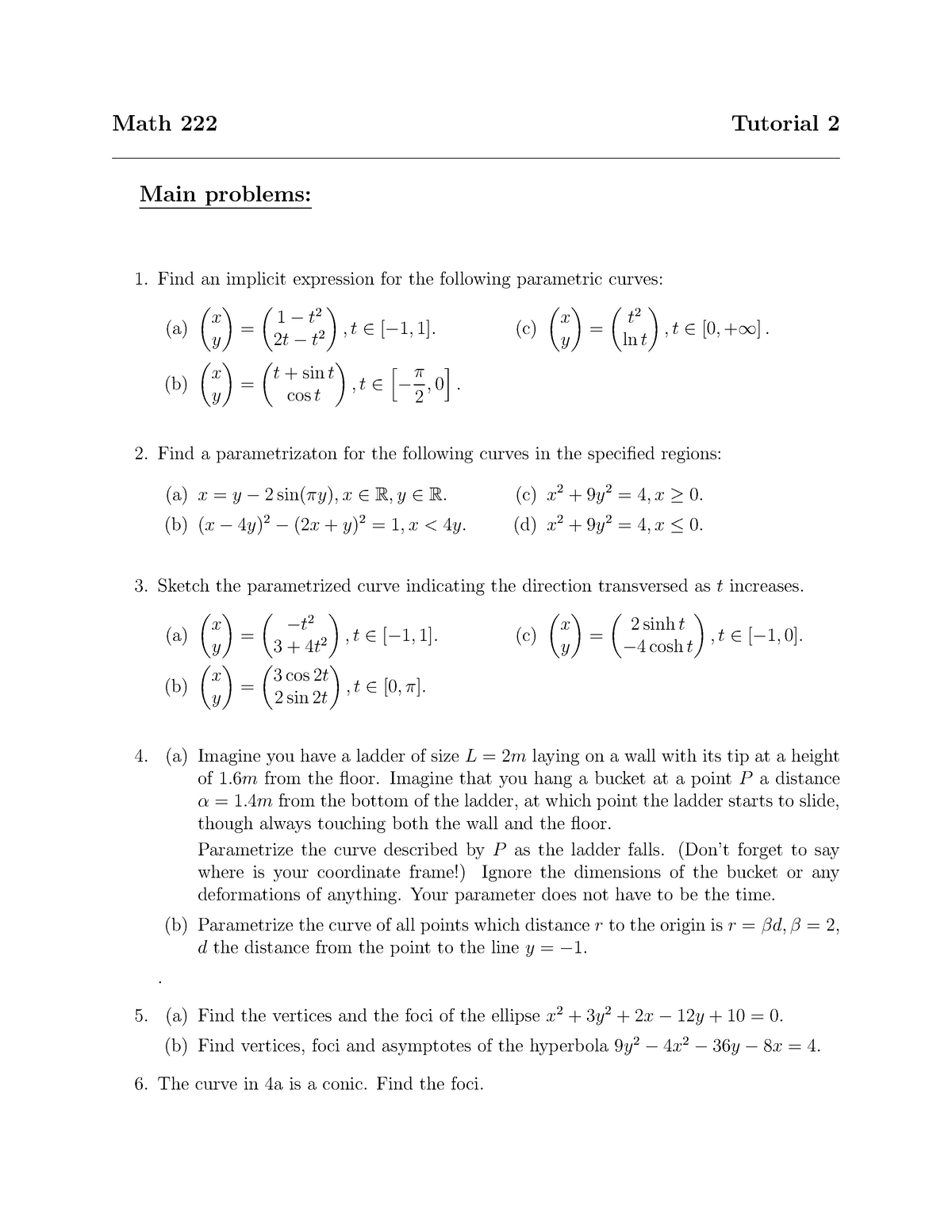 MATH222 Winter 2020 Tutorial 2 Math 222 Tutorial 2 Main problems