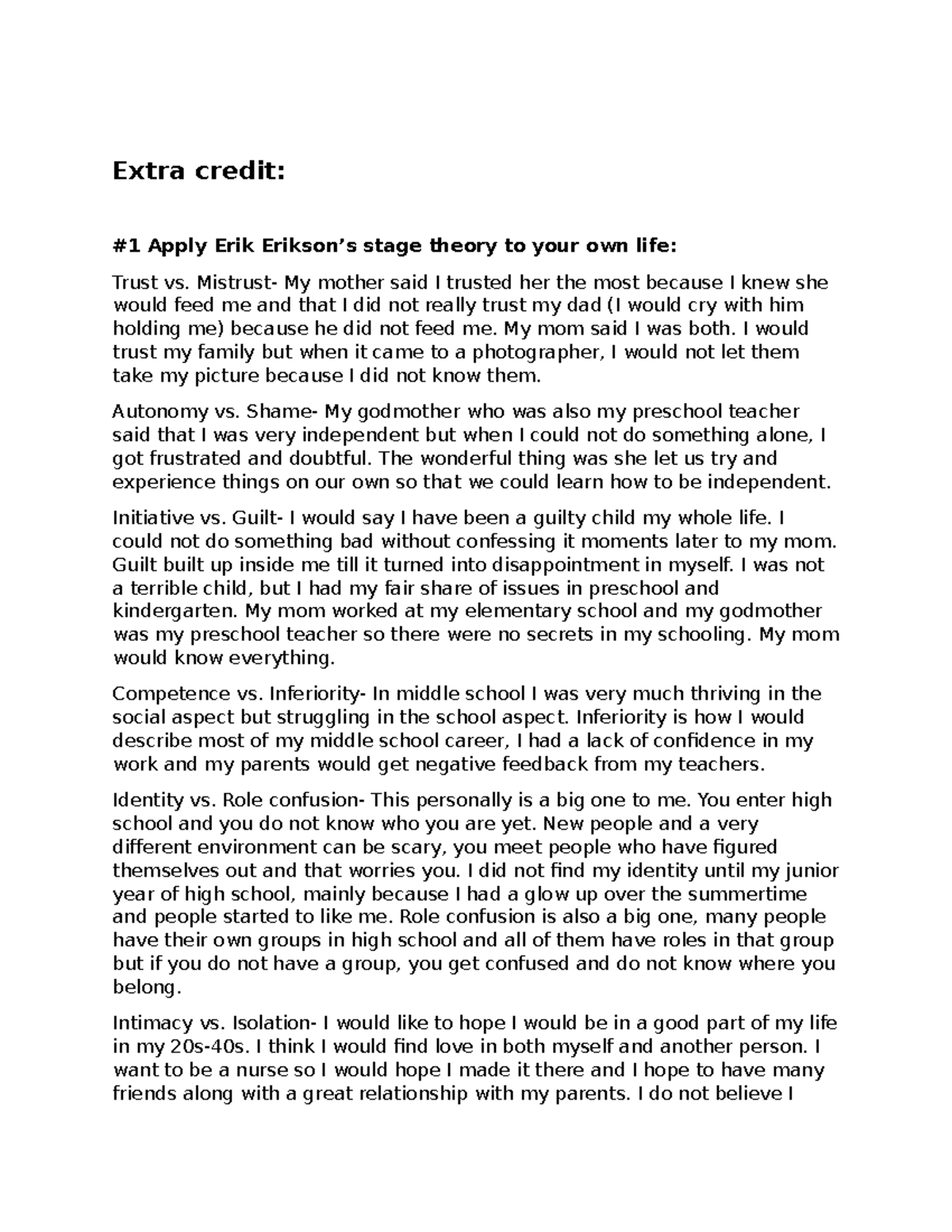 Extra credit Psych Extra credit 1 Apply Erik Erikson’s stage theory
