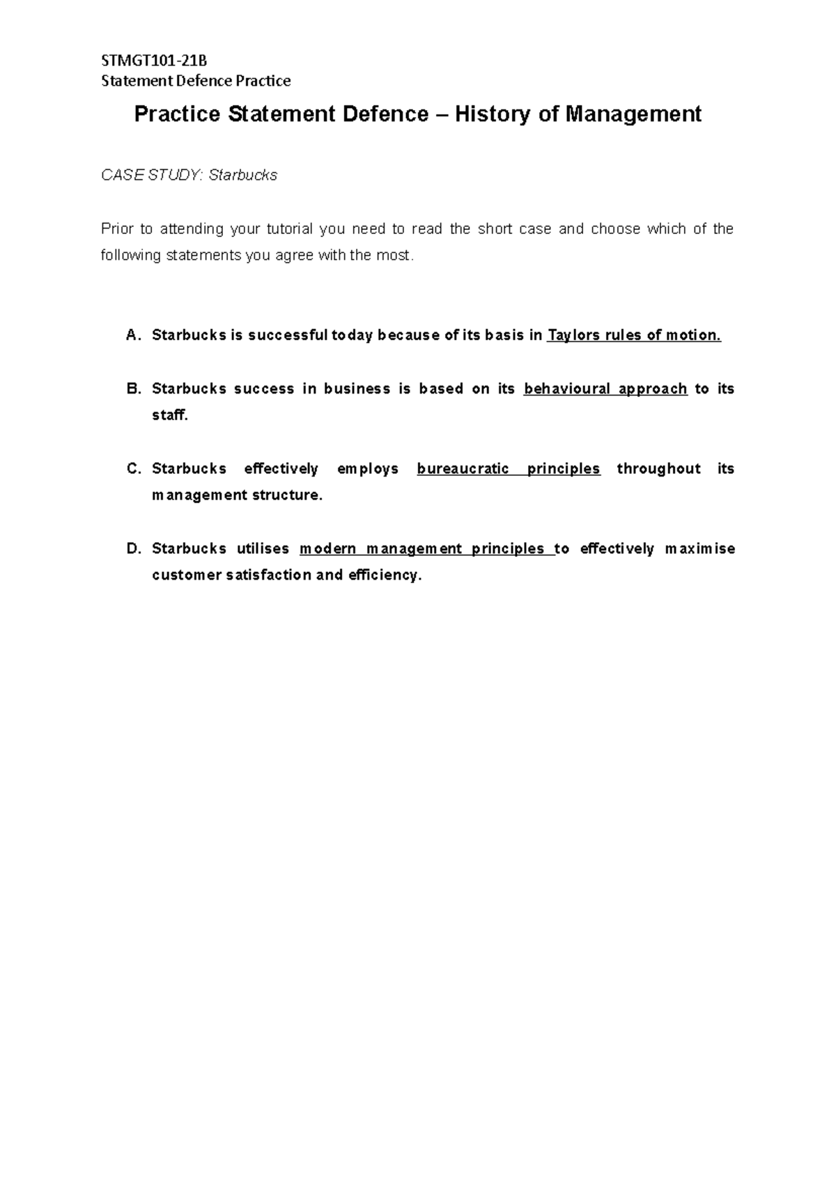 Practice Statement Defence 1 Starbucks Case - History of Management ...