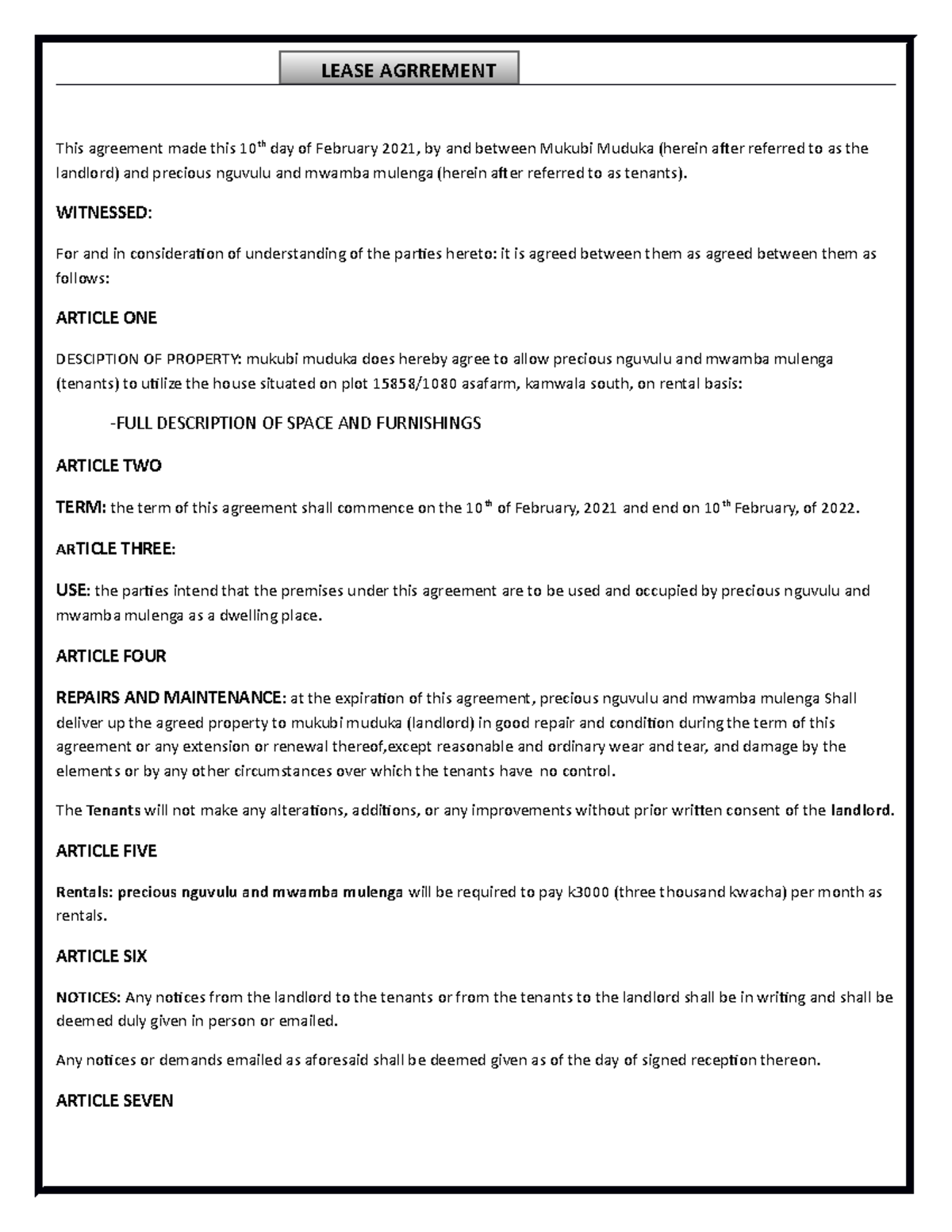 Lease Agrrement And How Its Written - Lease Agrrement This Agreement 