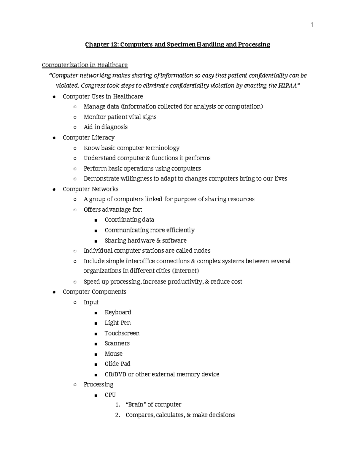 Chapter 12 Notes **Chapter 12 Computers and Specimen Handling and
