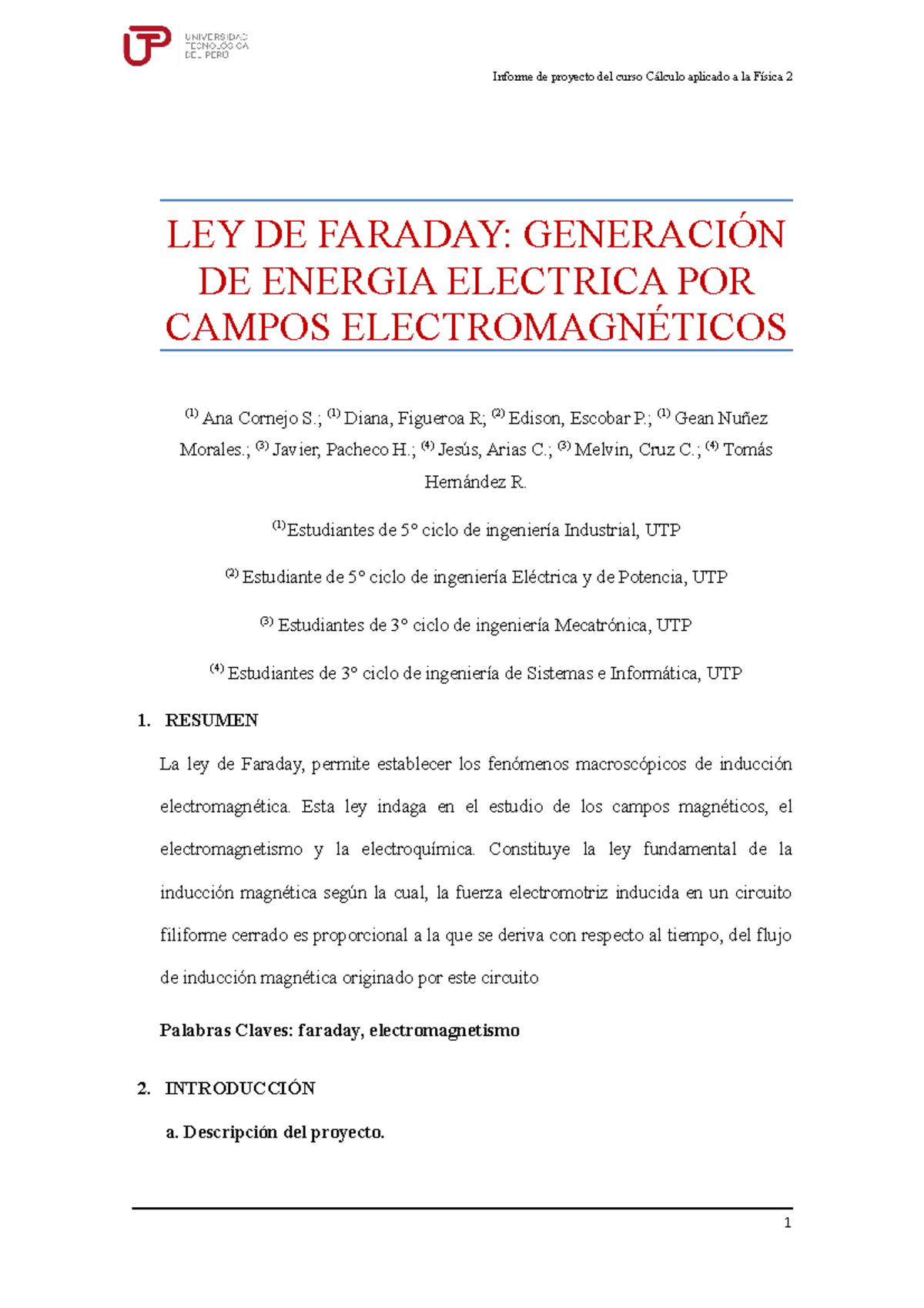 Proyecto Final DE CAF 2 - Ninguna - LEY DE FARADAY: GENERACIÓN DE ...