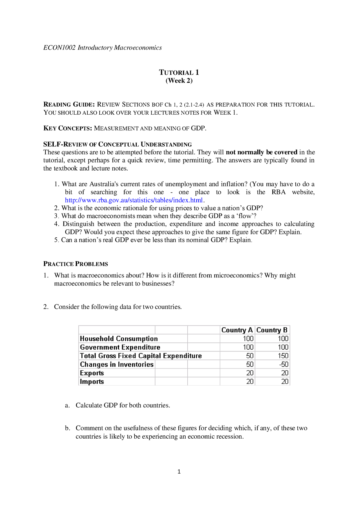 Tutorial 01 (Week 2) Questions - 1 ECON1002 Introductory Macroeconomics ...