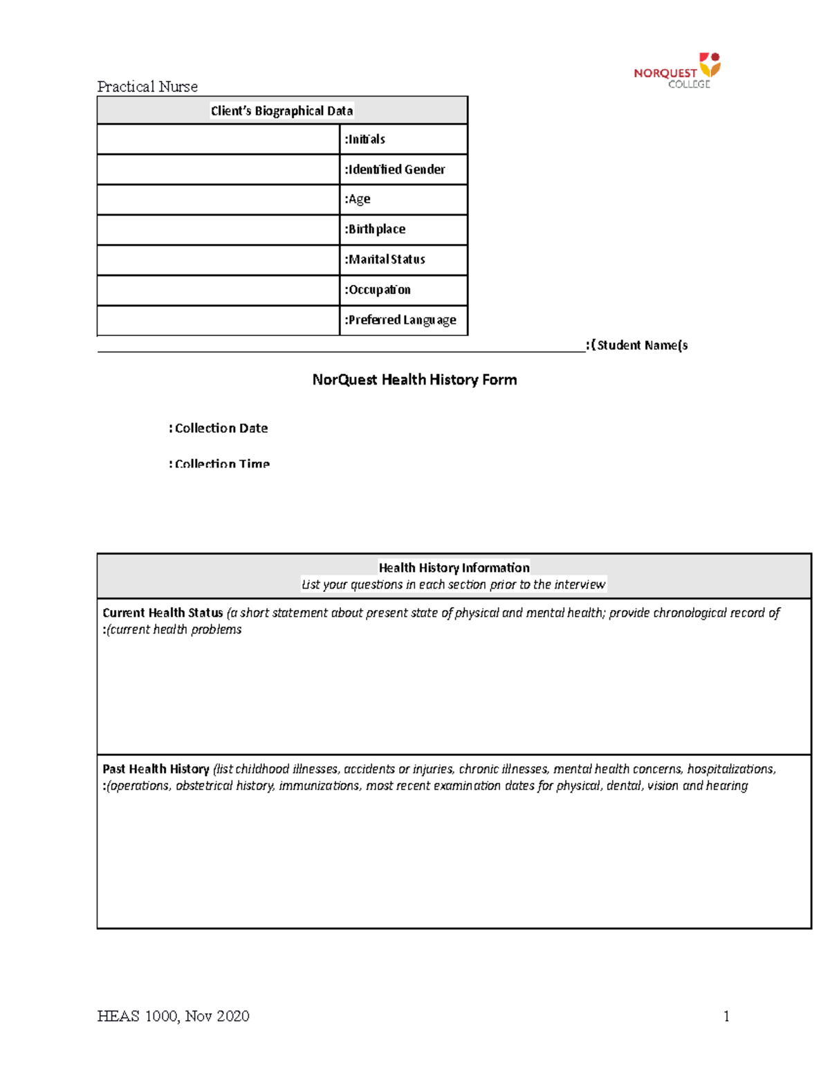 HEAS 1000 Health History Assignment Form-Revised Winter 2021 - Client’s ...