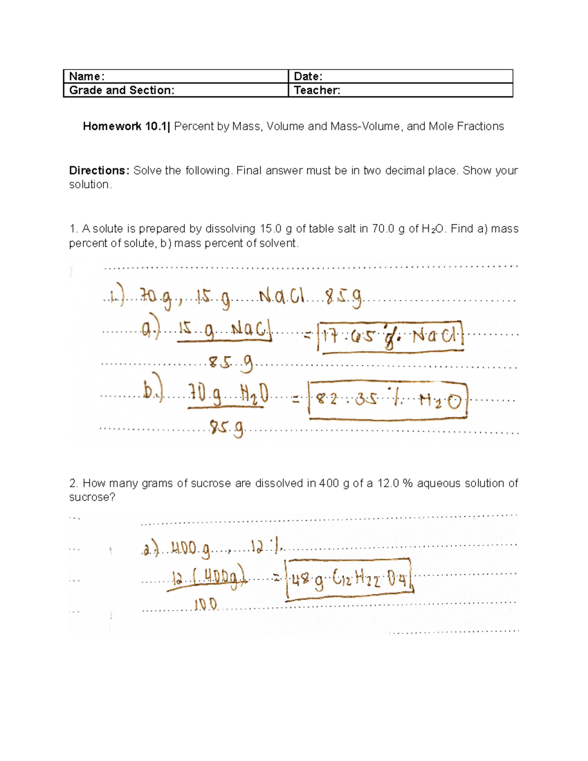Homework 10.1 Percent by Mass, Volume and MassVolume, and Mole