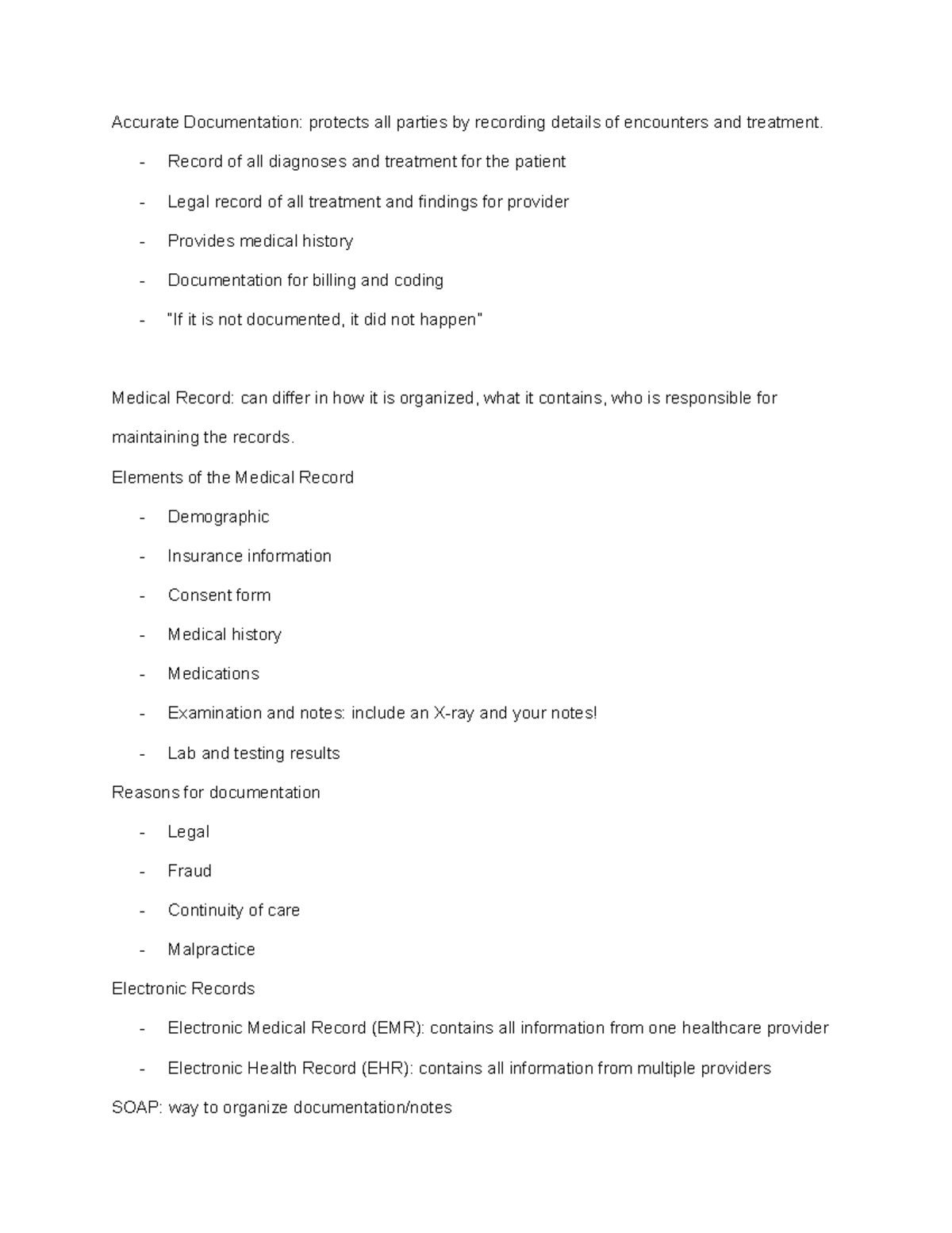 Legal and Ethical Chapter 10 Notes Accurate Documentation protects all parties by recording