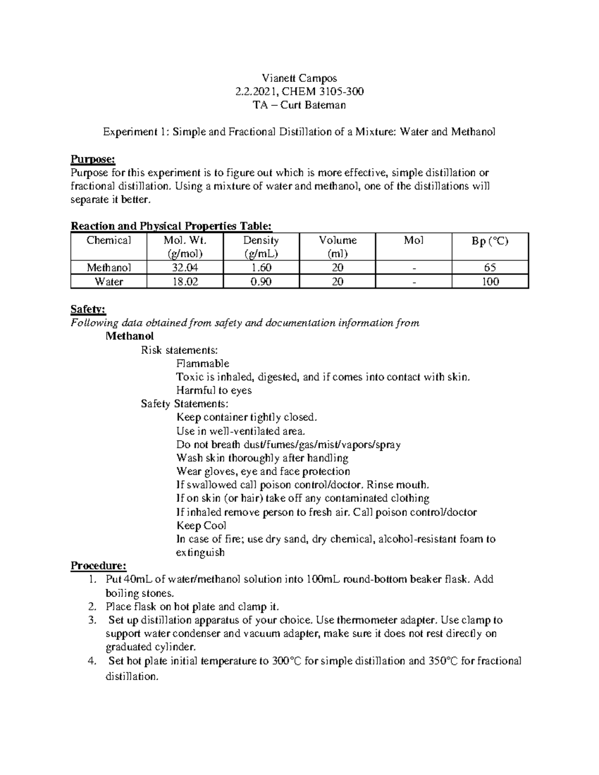 Lab Report 1 - Vianett Campos 2.2, CHEM 3105- TA – Curt Bateman ...