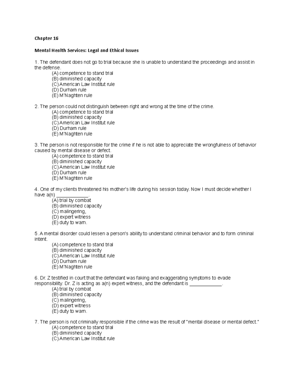 Exam 20 January 2016, questions and answers - Chapter 16 Mental Health ...