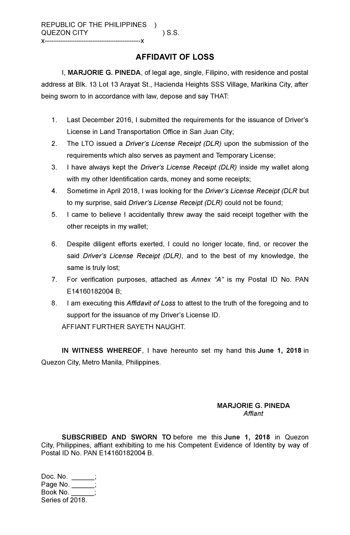 affidavit-of-loss-lto-license-receipt-republic-of-the-philippines-quezon-city-s-x-x