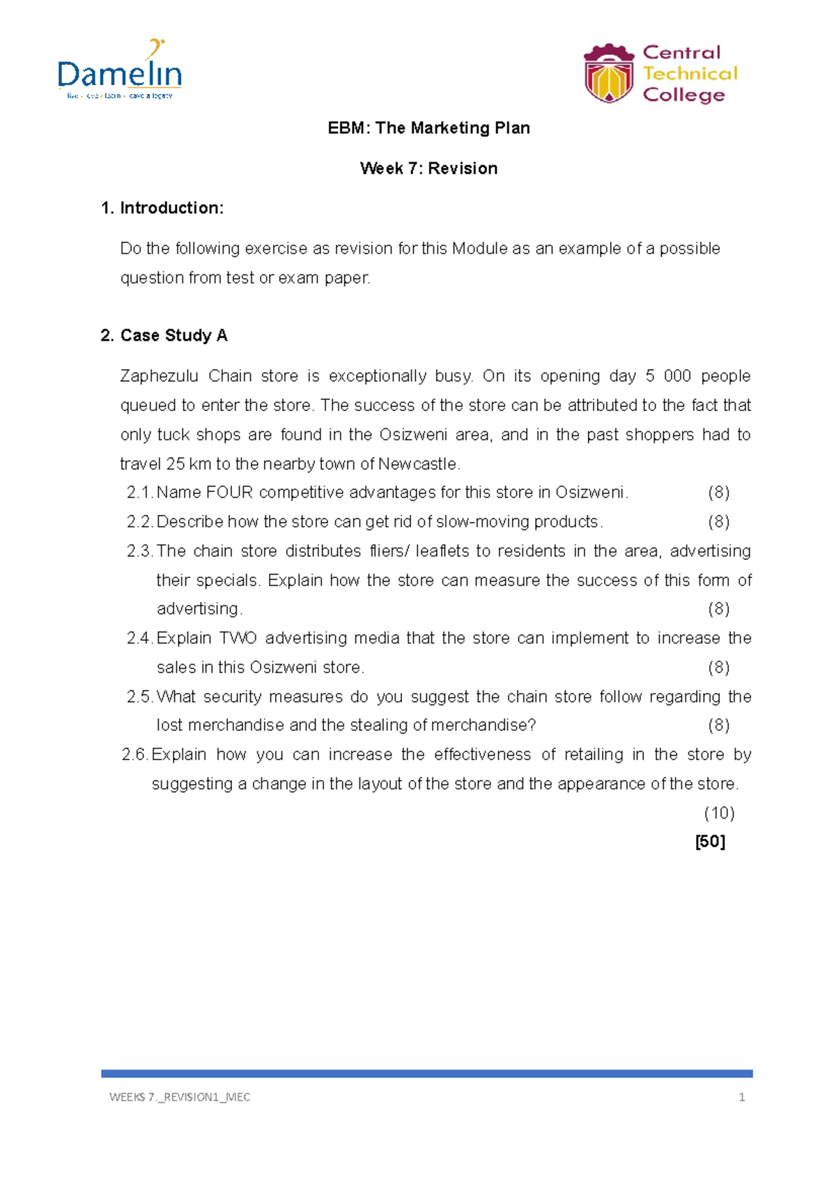 Week 7 Revision 1 MEC - EBM: The Marketing Plan Week 7: Revision 1 ...