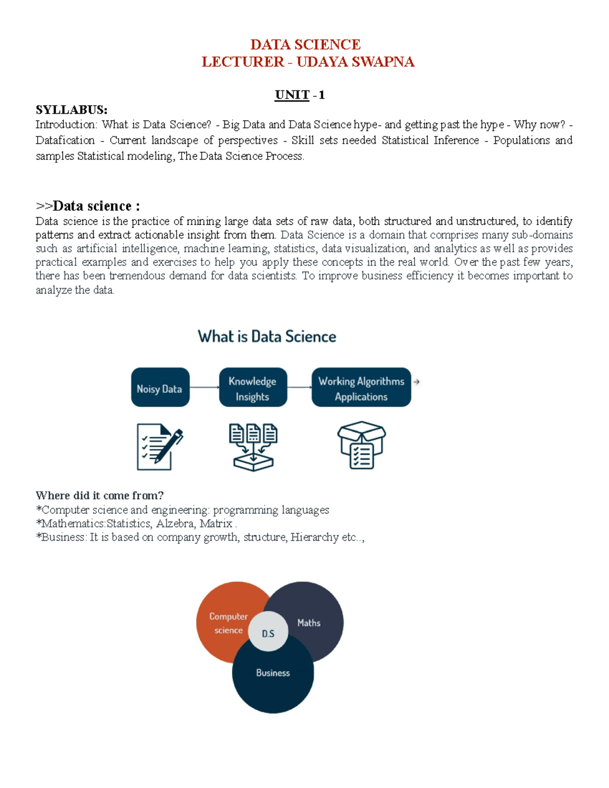 Data science-1 unit-us - DATA SCIENCE LECTURER - UDAYA SWAPNA UNIT ...
