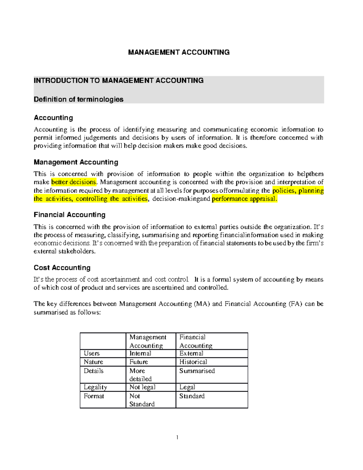 Management Accounting Topic 1 - 1 MANAGEMENT ACCOUNTING Accounting ...