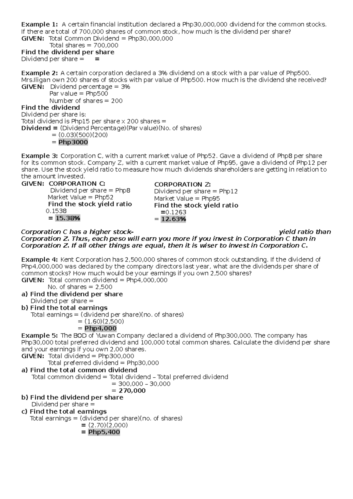 Stocksexamples Stocks in General Mathematics Example 1 A certain financial institution