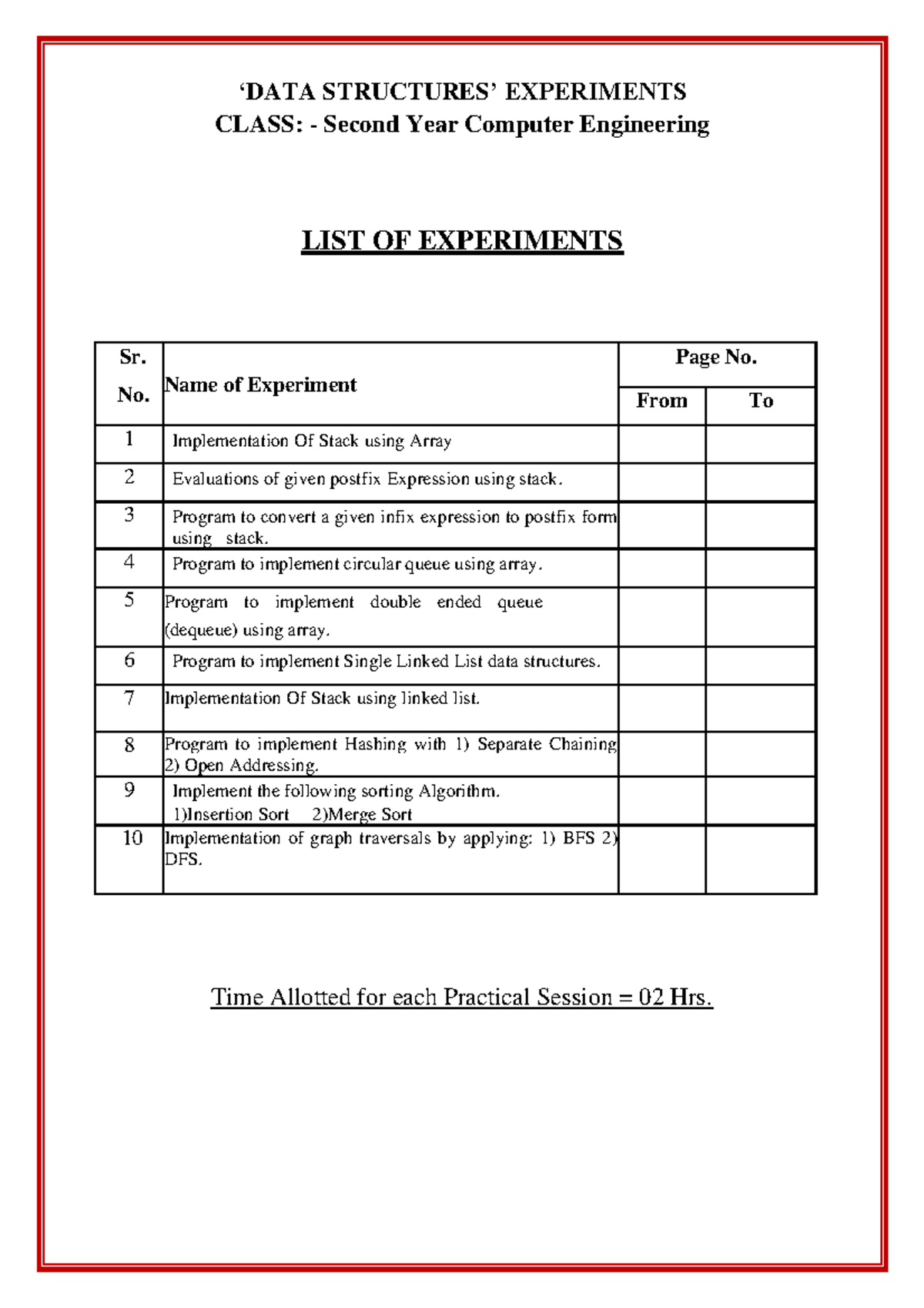 Final NMCE, Lab Manual Format DSSY ‘DATA STRUCTURES’ EXPERIMENTS