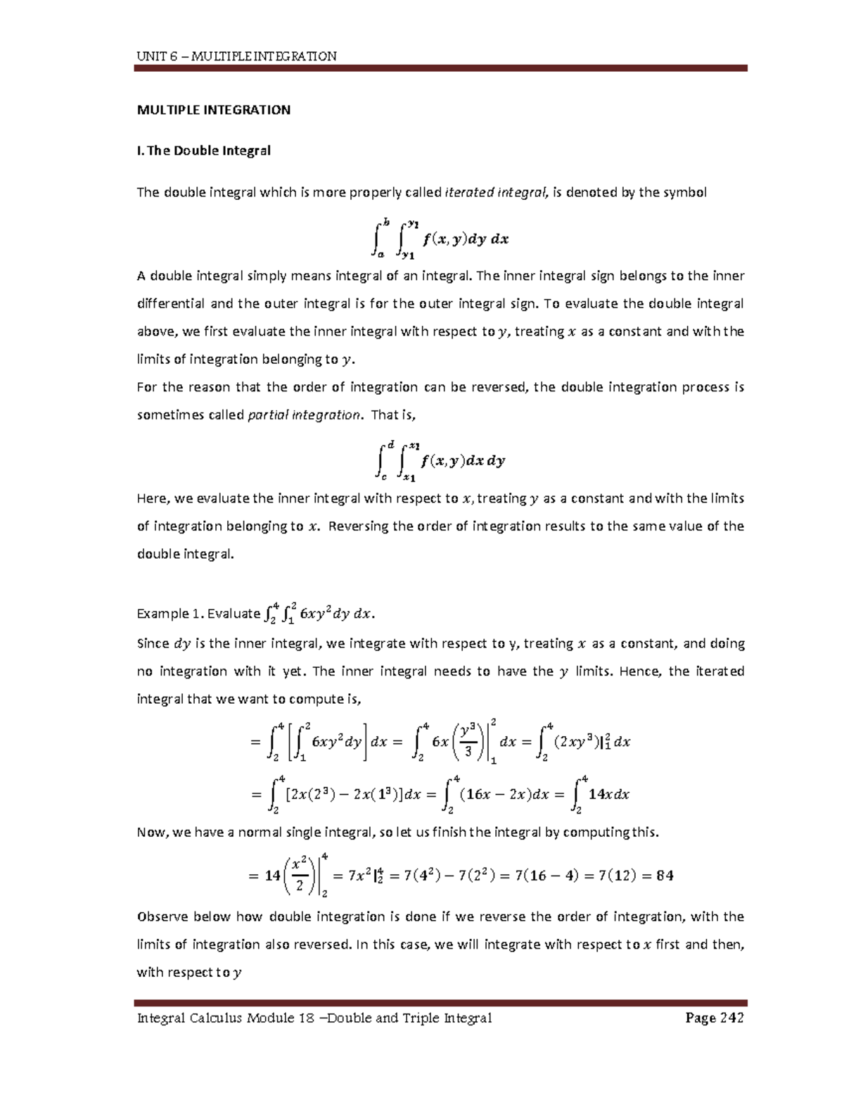 Module 18 Double and Triple Integral - MULTIPLE INTEGRATION I. The ...