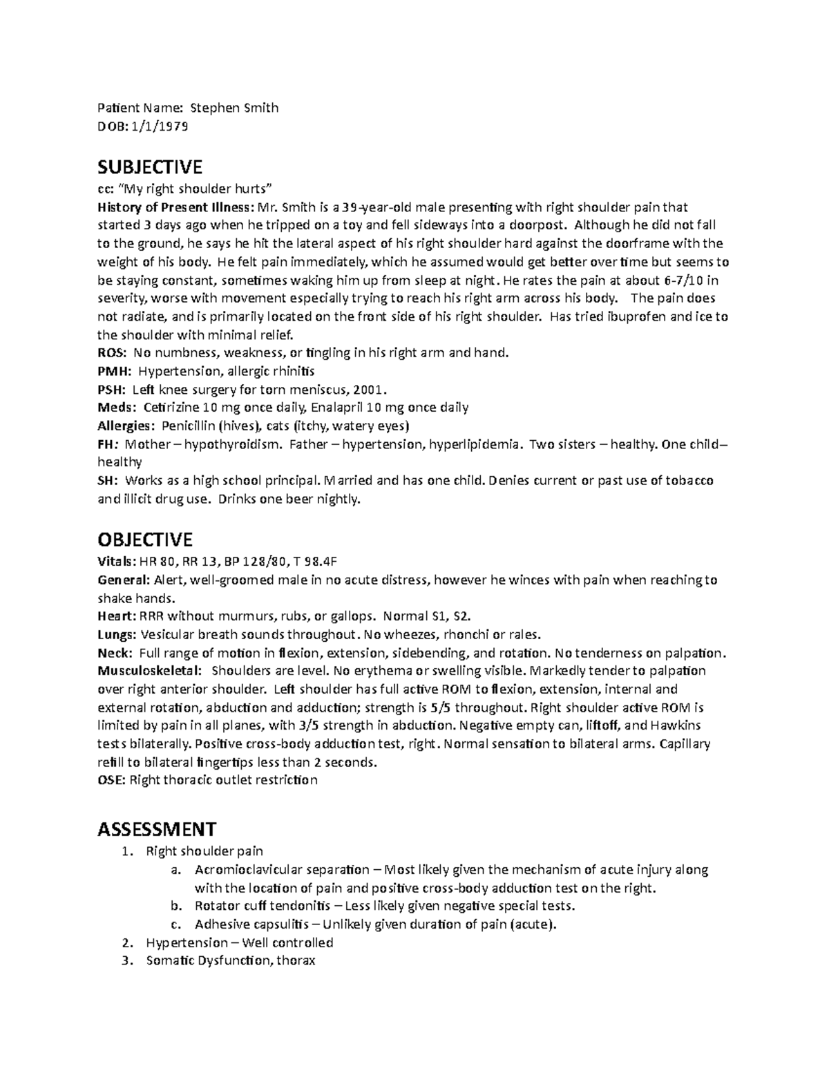 Sample+SOAP+1Right+shoulder+pain Patient Name Stephen Smith DOB 1
