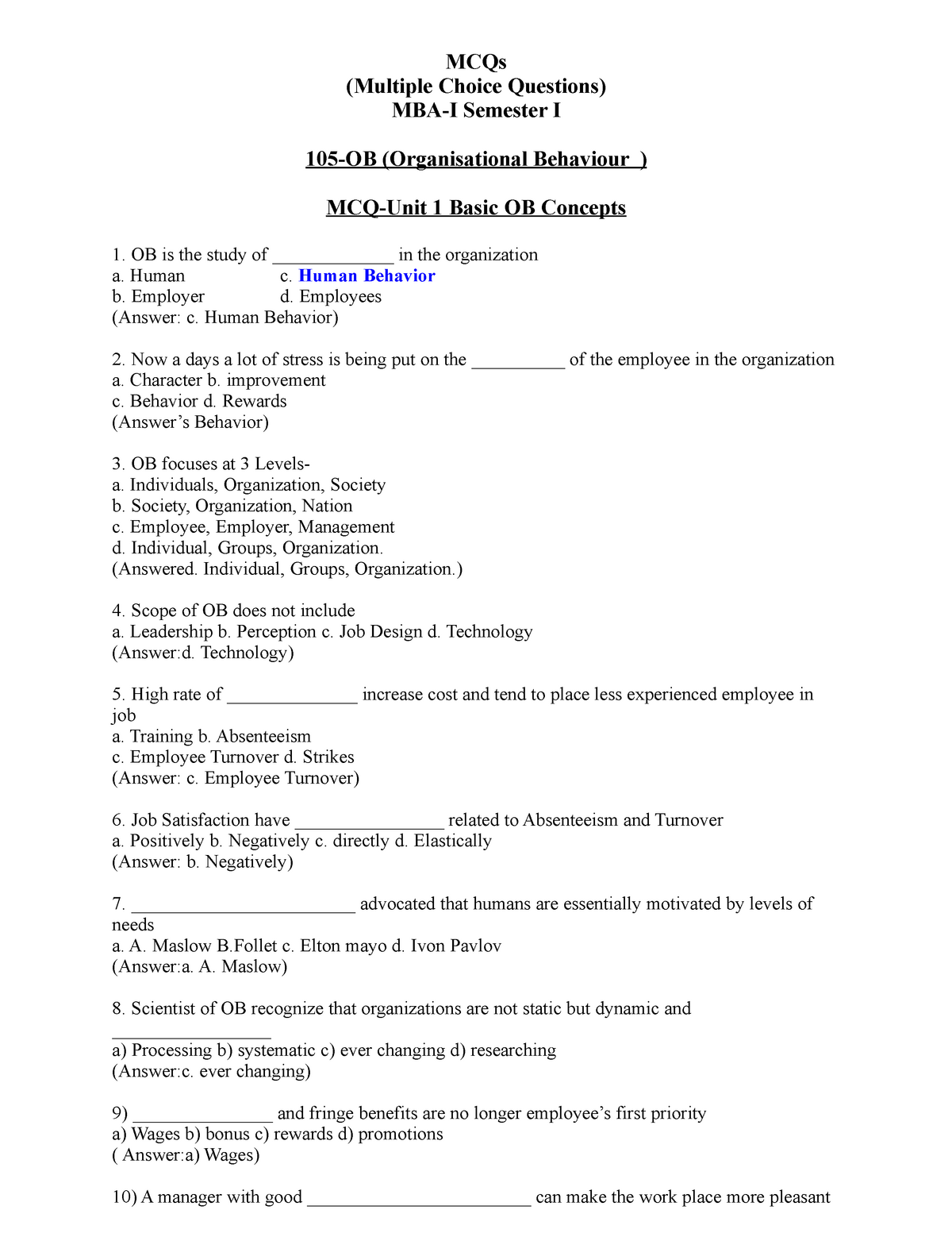 1 MCQ-OB Unit 1 - OB Concepts 85 Questions - MCQs (Multiple Choice ...