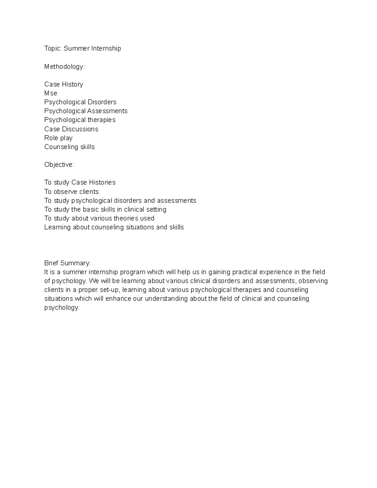 Synopsis - Topic: Summer Internship Methodology: Case History Mse ...