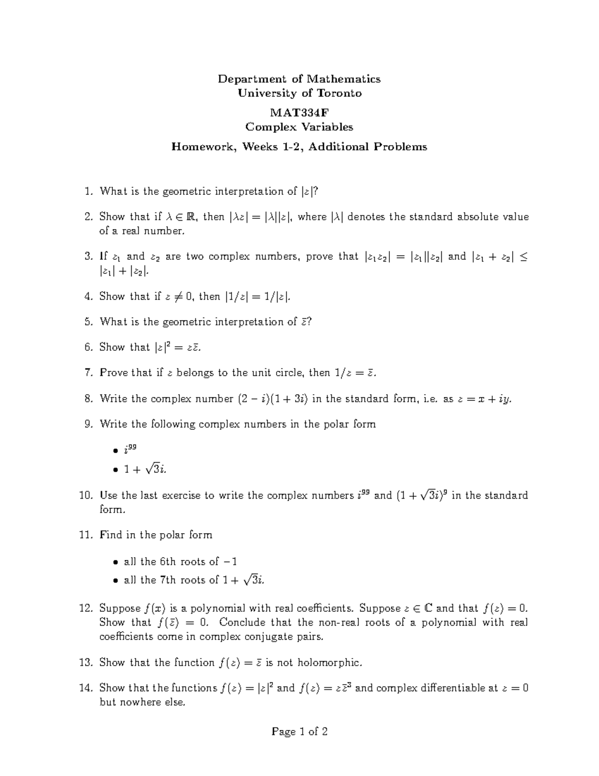 MAT334F2019 HW1 - Practice questions for Quiz 1. - Department of ...