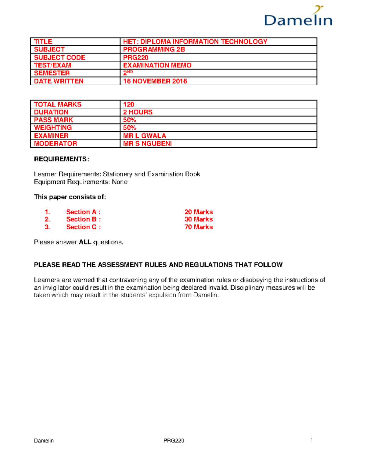 Programming 2B Memo - exam - TITLE HET: DIPLOMA INFORMATION TECHNOLOGY ...