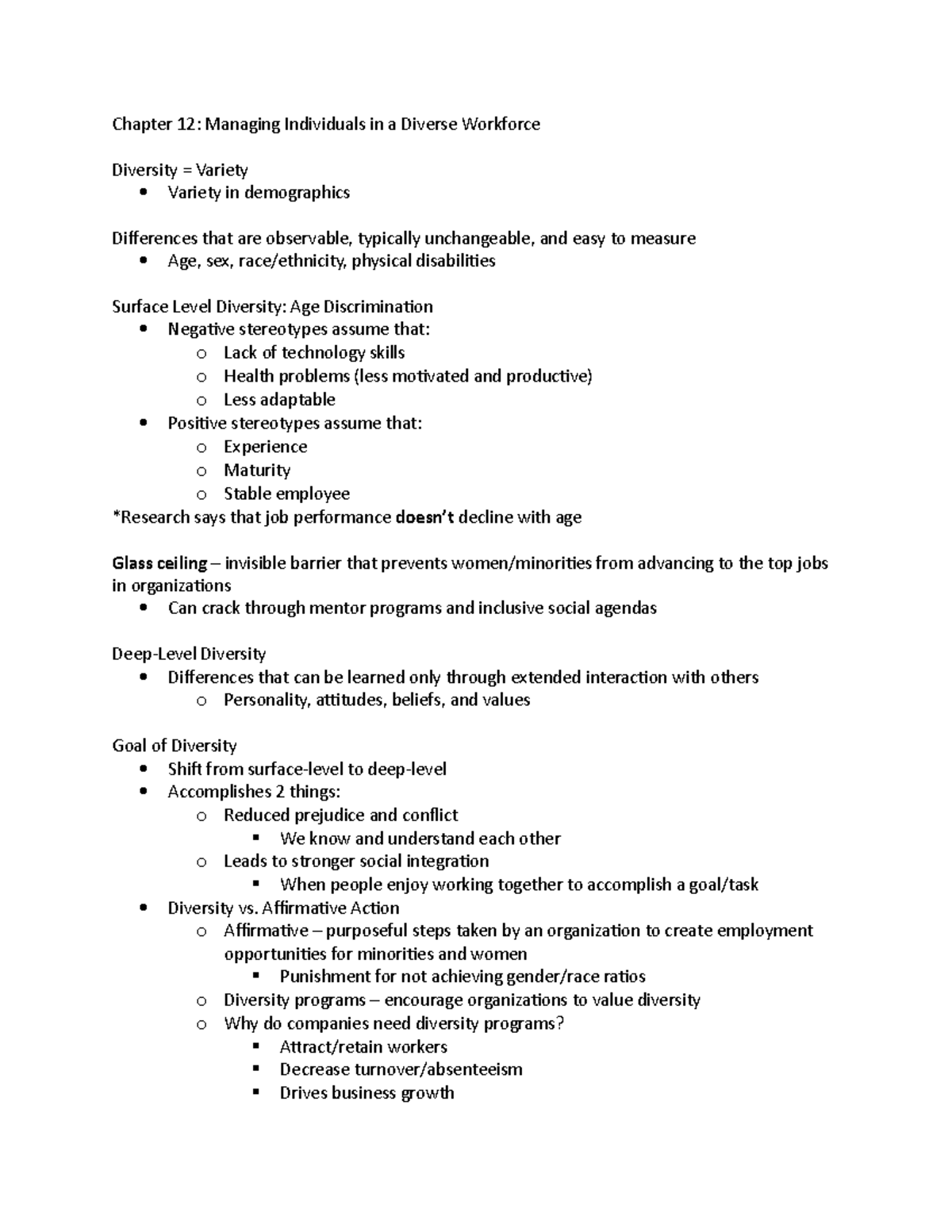 Chapter 12 Notes - Managing individuals in a diverse work force (glass ...