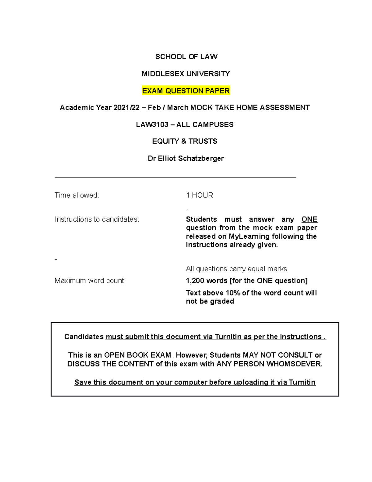 Equity Trusts MOCK TAKE HOME Assessment Paper - SCHOOL OF LAW MIDDLESEX ...