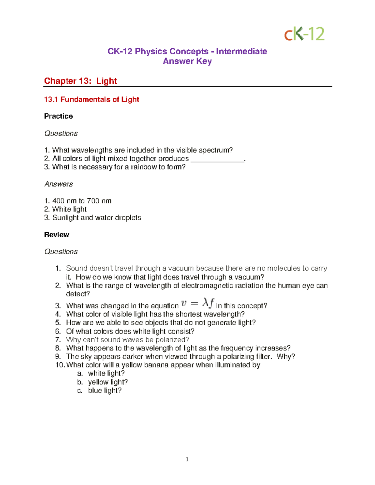 Phys Int CC Ch 13 Light Answers PDF & Explantion CK12 Physics Concepts Intermediate