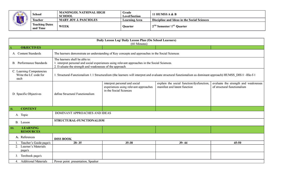 Weekly Blank Lesson PLAN - Copy - School MANONGOL NATIONAL HIGHSCHOOL ...