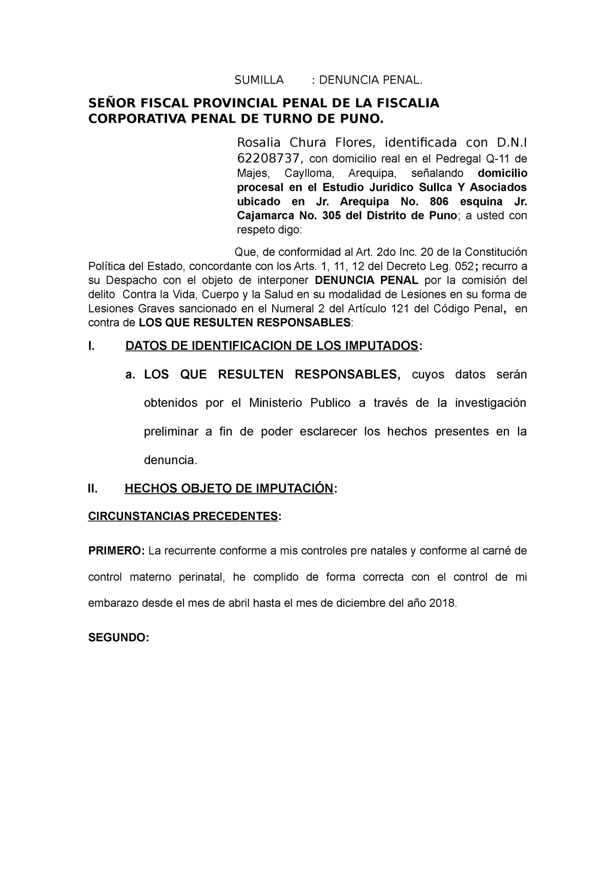 denuncia penal de lesiones graves - SUMILLA : DENUNCIA PENAL. SEÑOR FISCAL  PROVINCIAL PENAL DE LA - Studocu